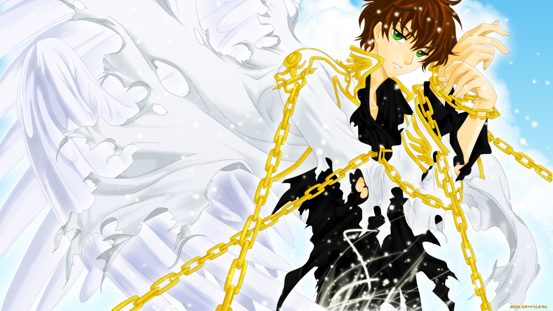 аниме, code, geass, зелёные, глаза, парень, цепи, шатен, код, гиас, взгляд, небо