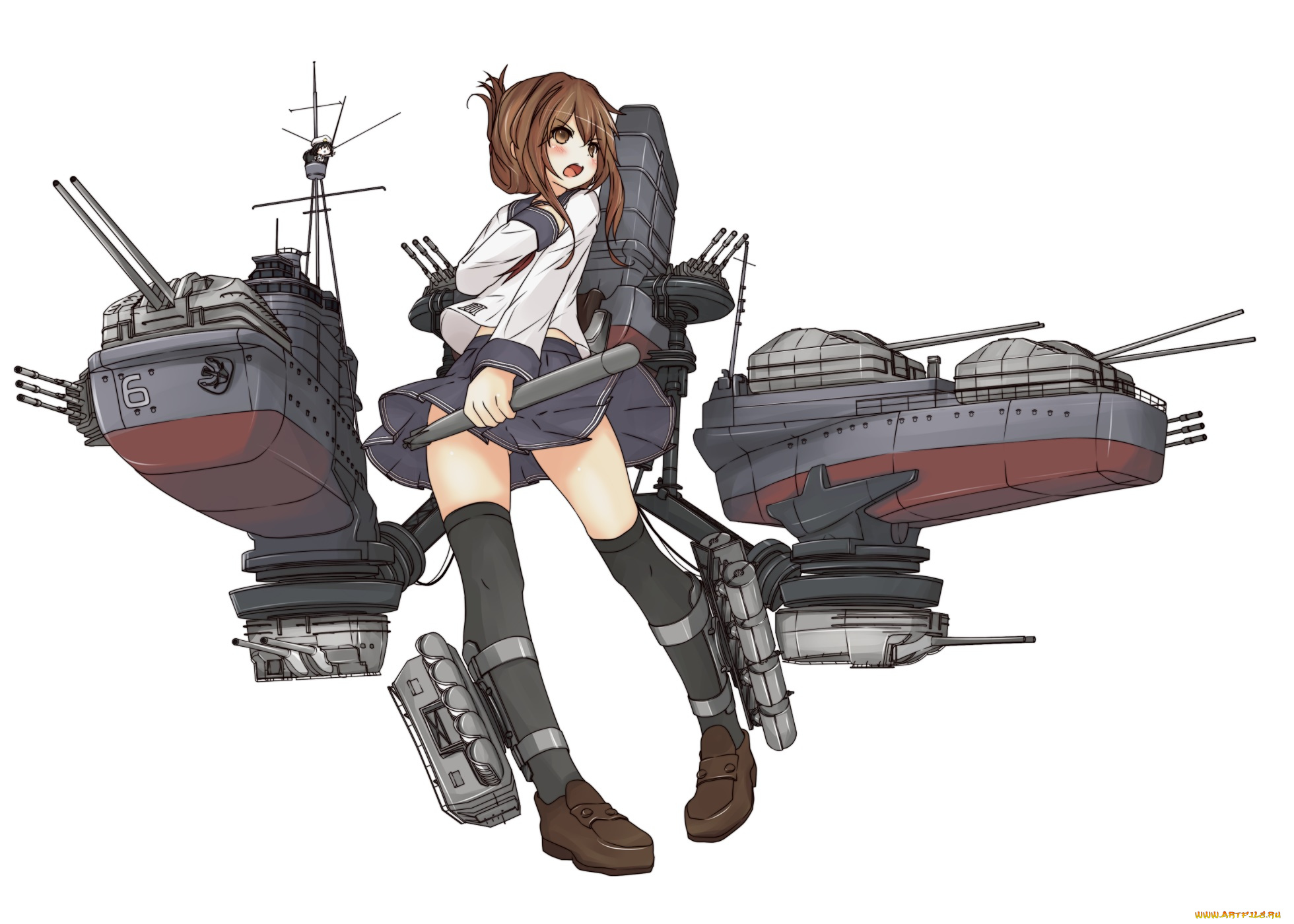 аниме, -weapon, , blood, &, technology, юбка, шатенка, девушка, гольфы, арт, оружие, белый, фон, корабли