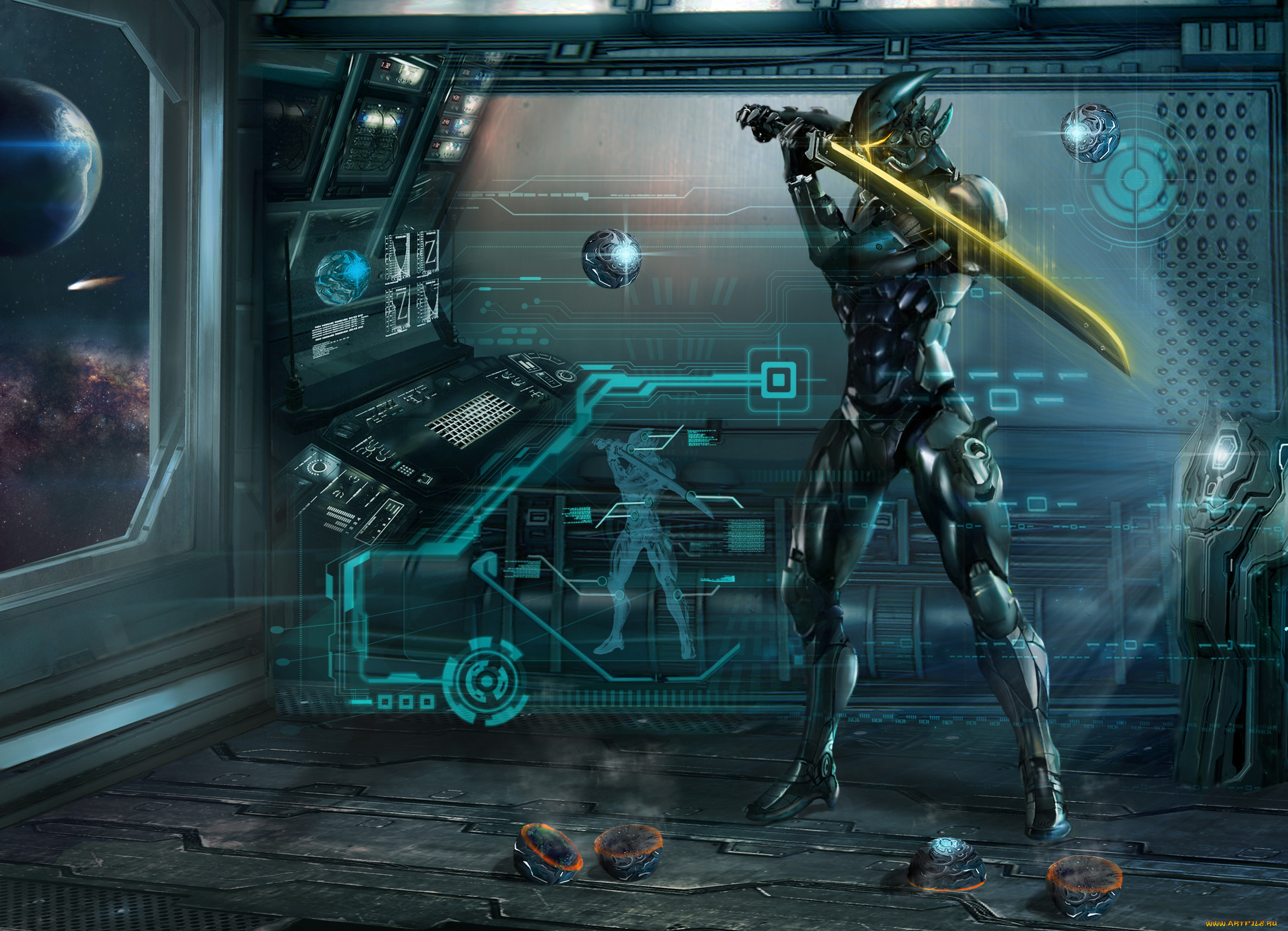 фэнтези, роботы, , киборги, , механизмы, проекция, корабль, космос, меч, шар, сфера, тренировка, металл, арт, броня