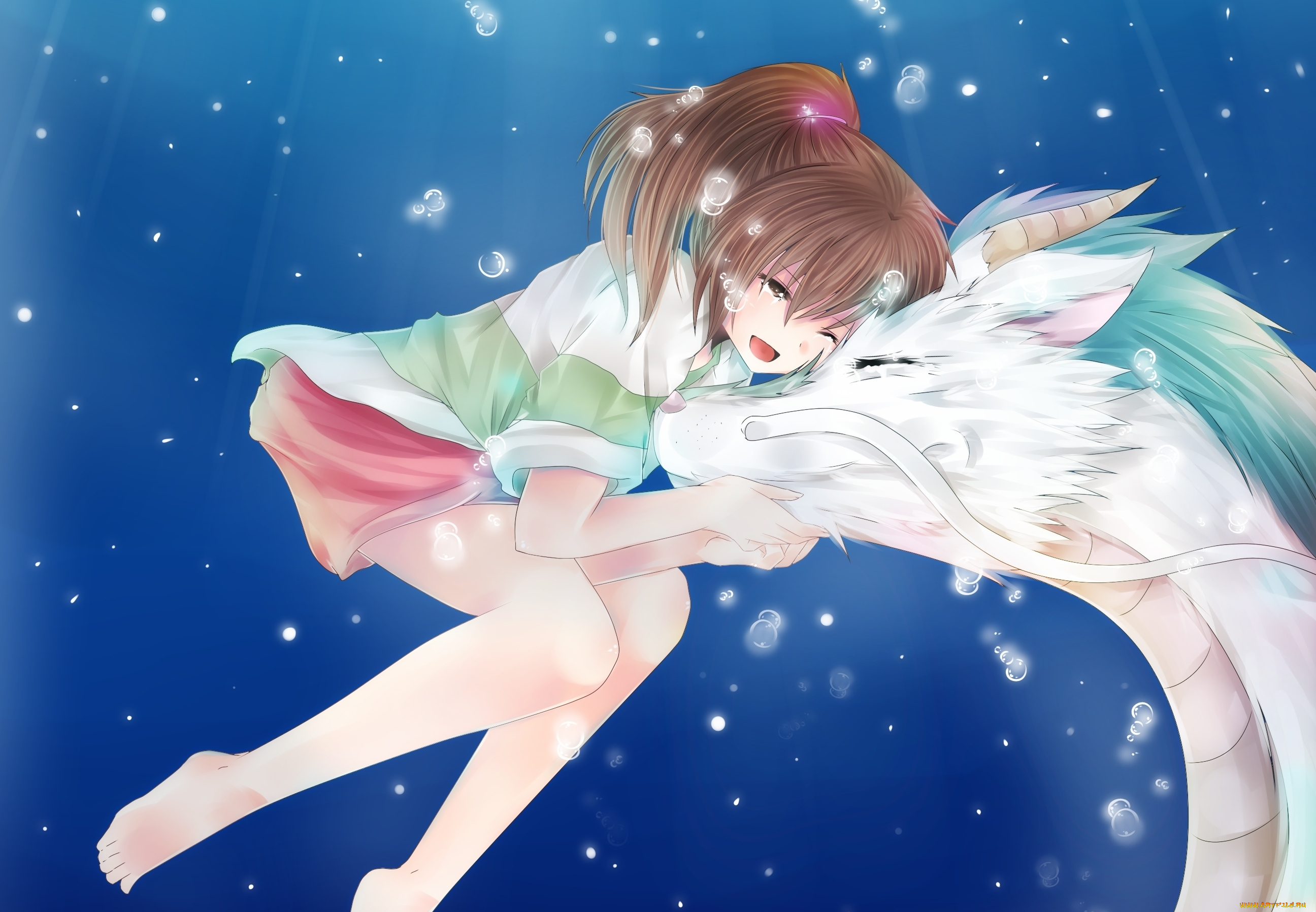 аниме, spirited, away, хаяо, миядзаки, chiiteru, арт, тихиро, ogino, chihiro, дух, реки, haku, под, водой, пузыри, дракон, девочка, хаку, spirited, away, унесенные, призраками