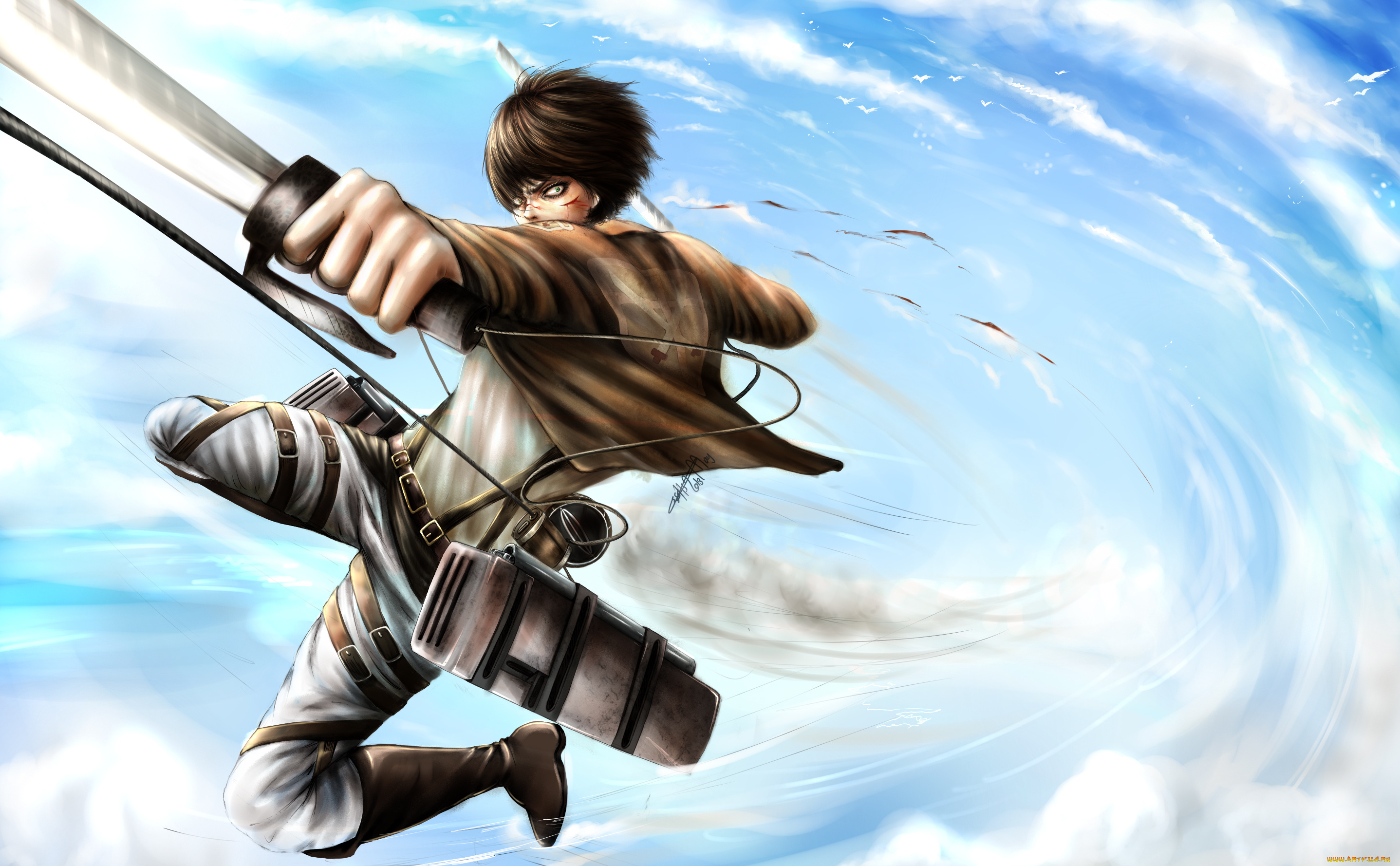 аниме, shingeki, no, kyojin, прыжок, оружие, парень, eren, jaeger, shingeki, no, kyojin, attack, on, titan, небо