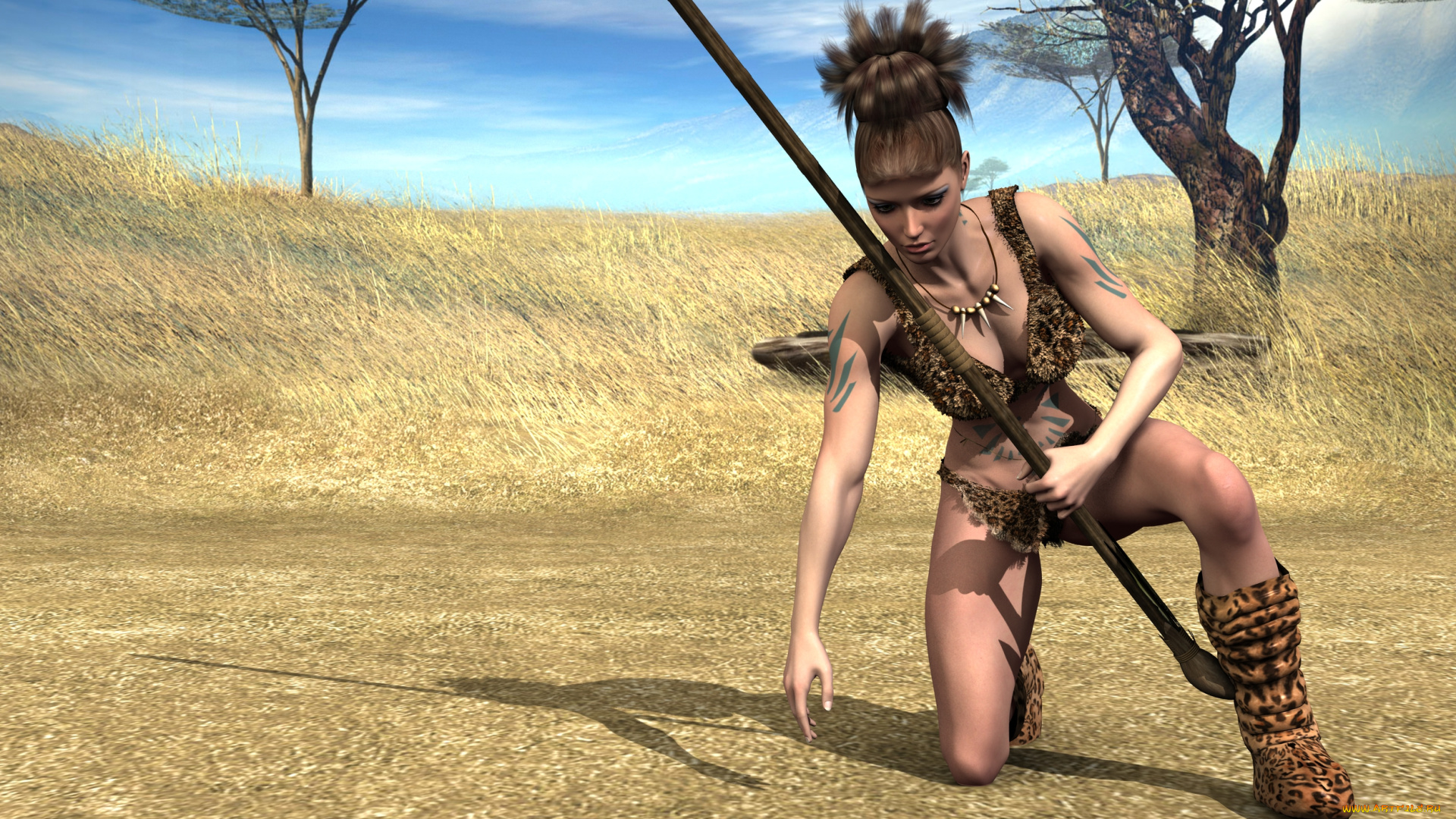 3д, графика, амазонки, , amazon, девушка, взгляд, фон, копье, тату