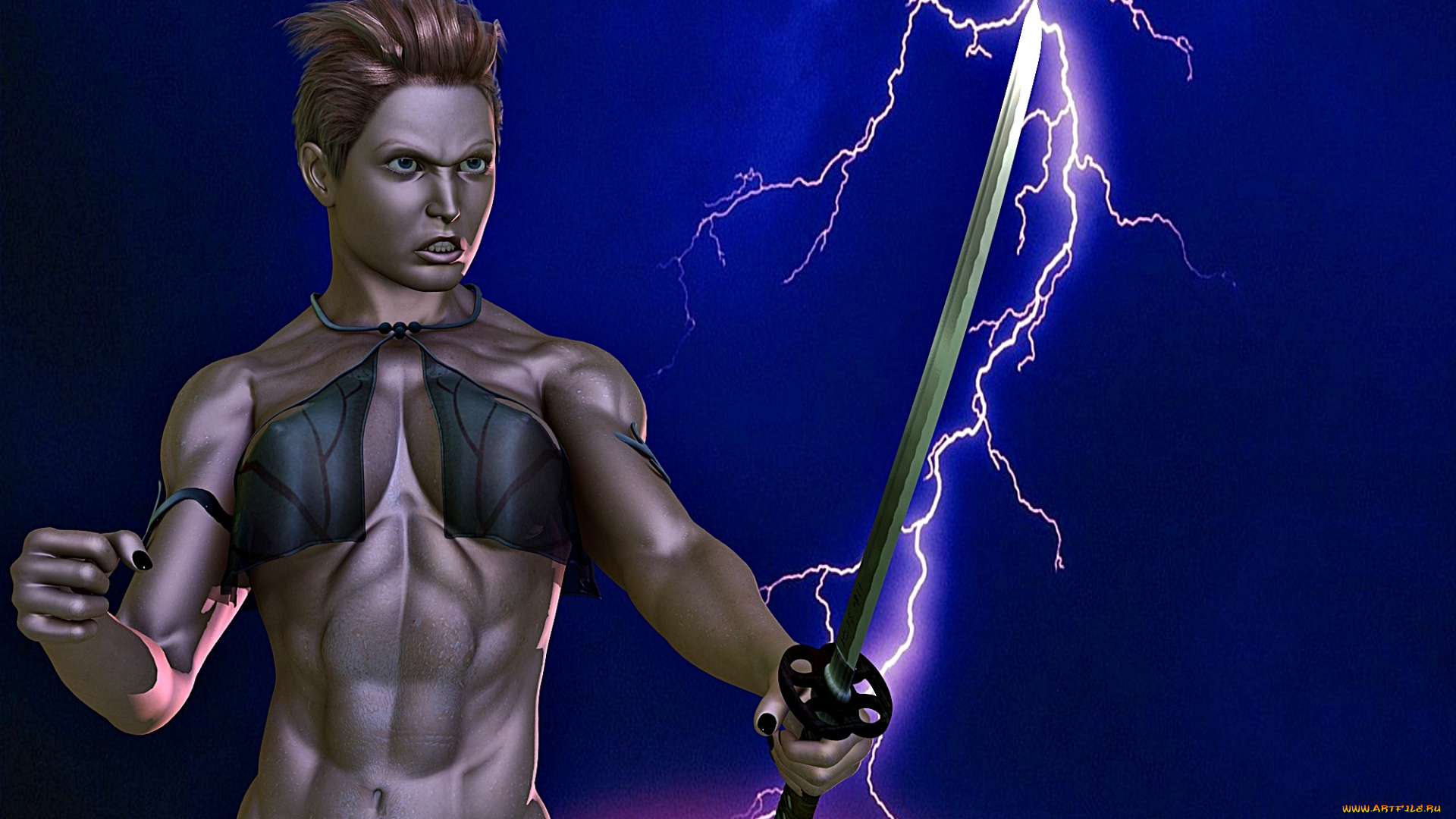 3д, графика, фантазия, , fantasy, девушка, взгляд, фон, меч, молния