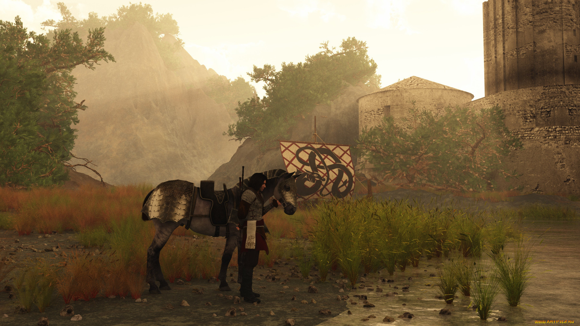 3д, графика, фантазия, , fantasy, крепость, горы, лошадь, воин, фон, взгляд, мужчина