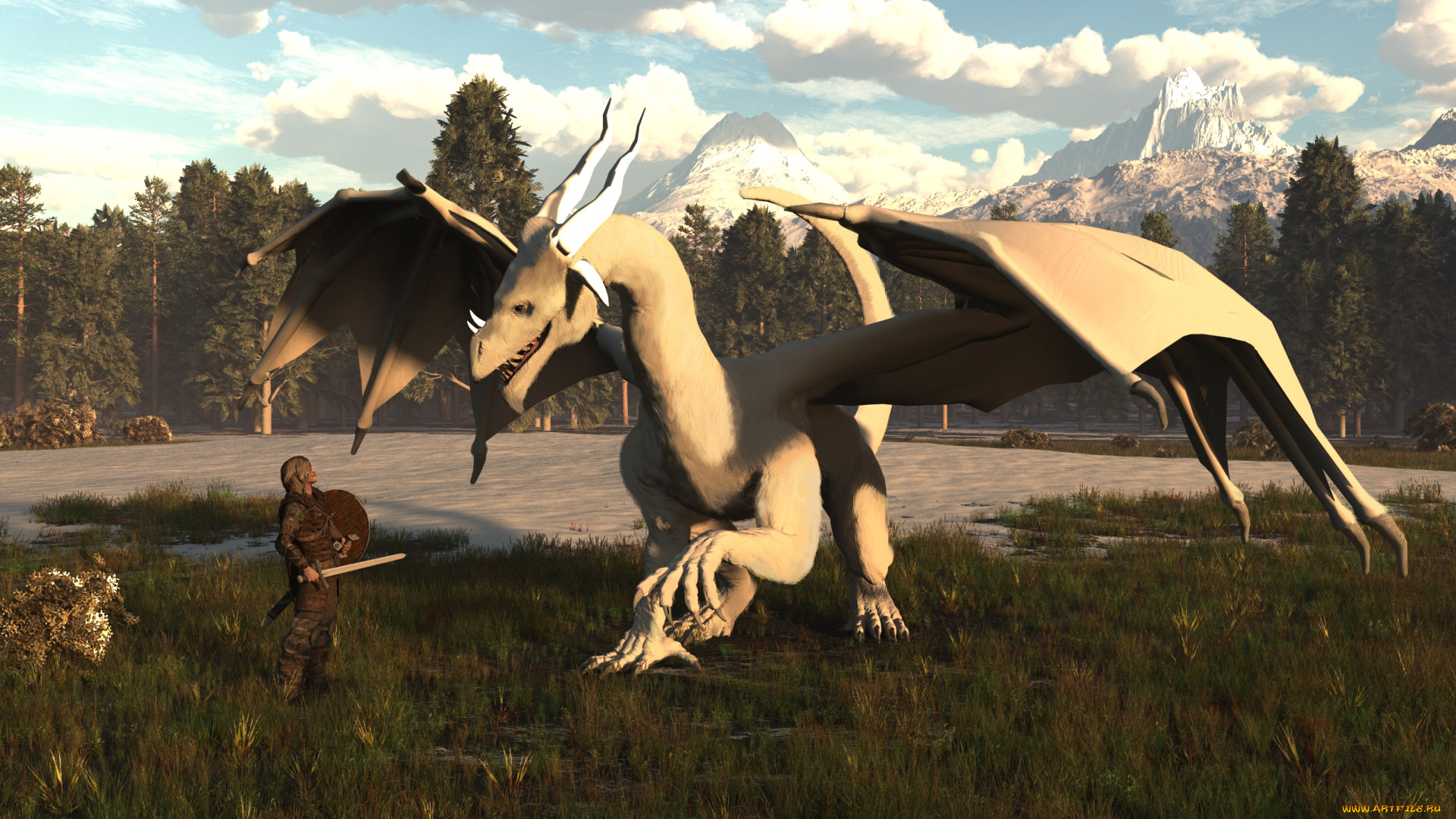 3д, графика, фантазия, , fantasy, мужчина, взгляд, фон, оружие, воин, дракон, горы, лес