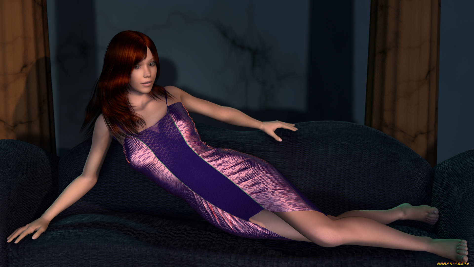 3д, графика, люди, , people, девушка, взгляд, фон, рыжая, диван
