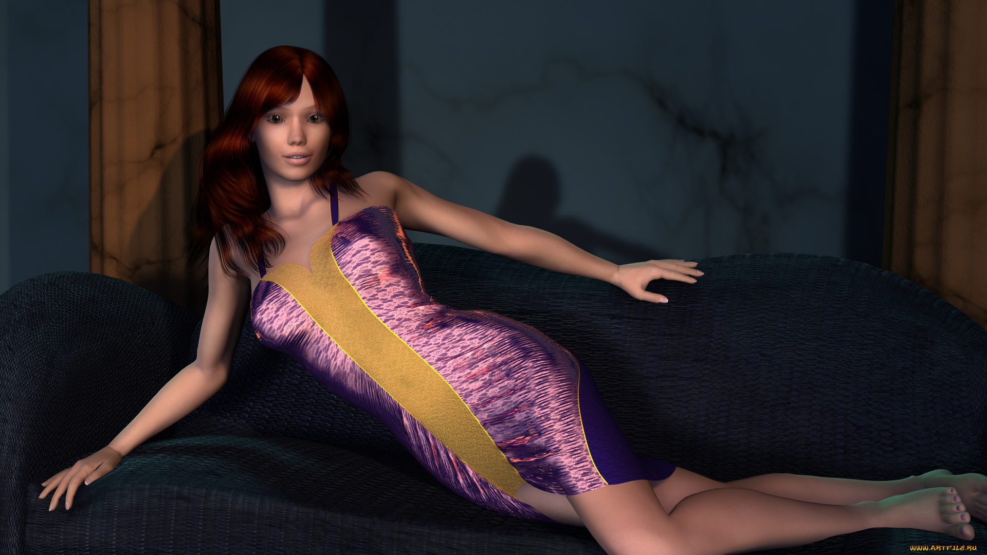 3д, графика, люди, , people, девушка, взгляд, фон, рыжая, диван