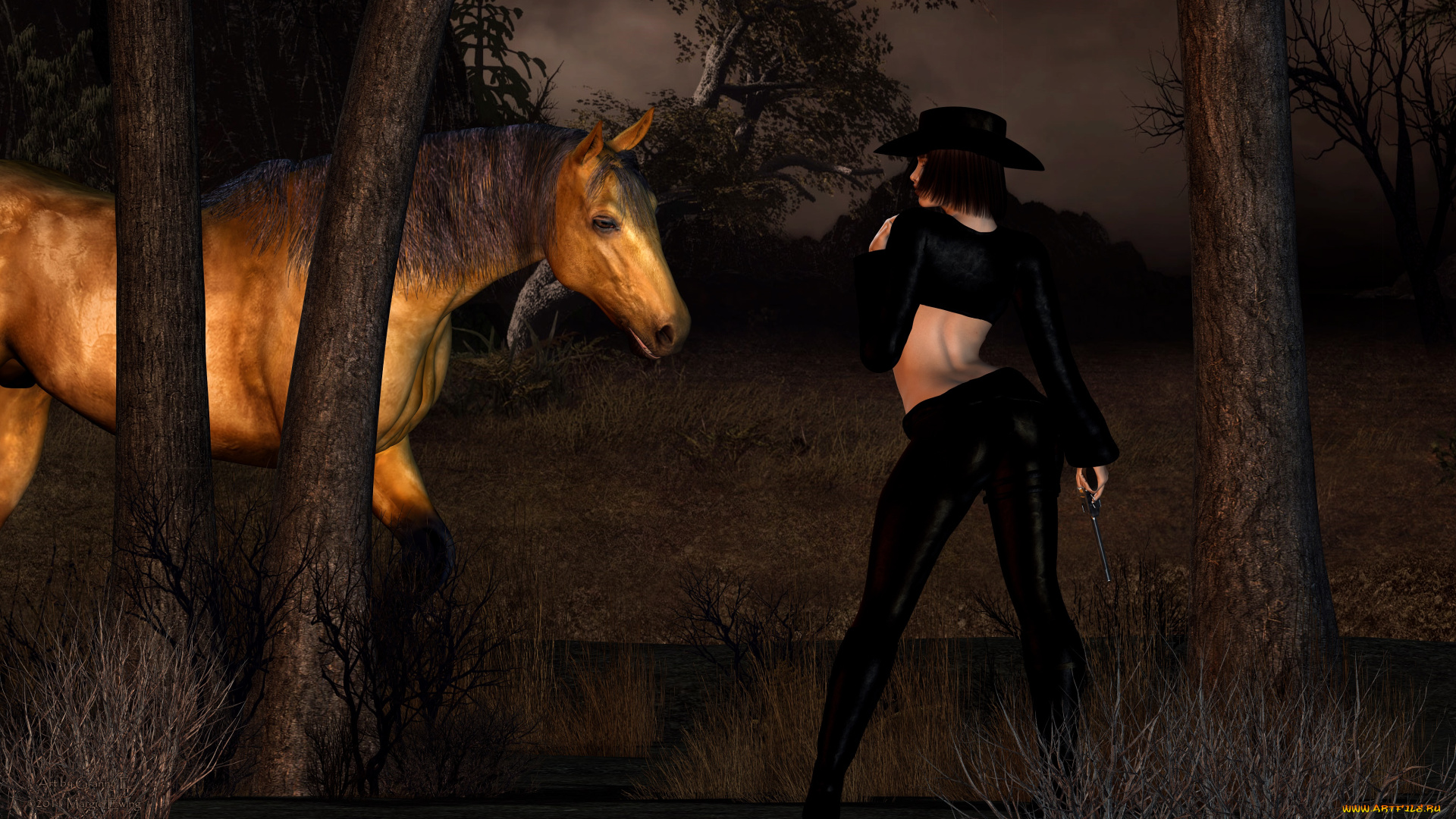 3д, графика, люди, , people, девушка, взгляд, фон, лошадь, лес, ночь