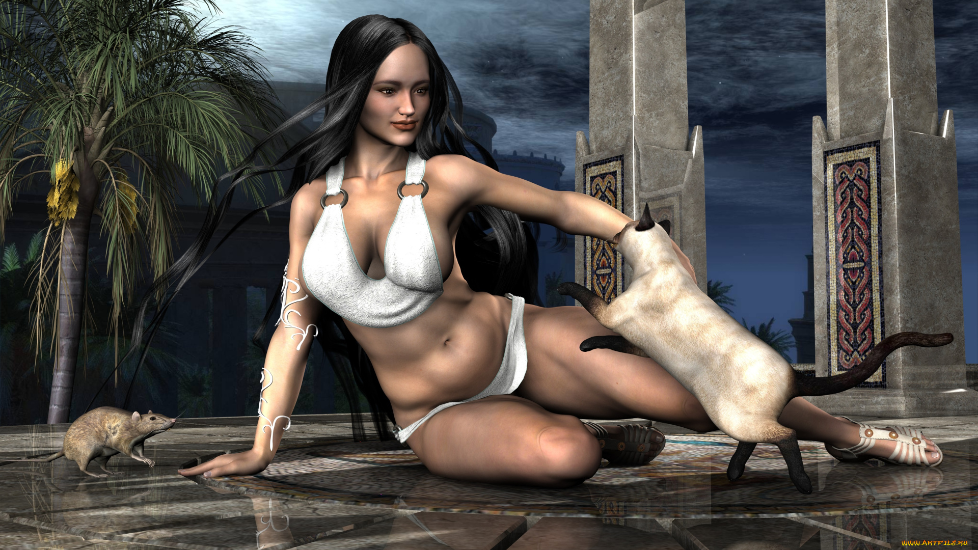 3д, графика, люди, , people, девушка, взгляд, фон, кот, пальма, крыса