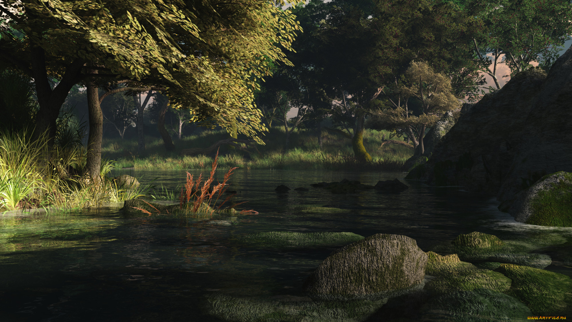 3д, графика, природа, , nature, река, деревья, камни