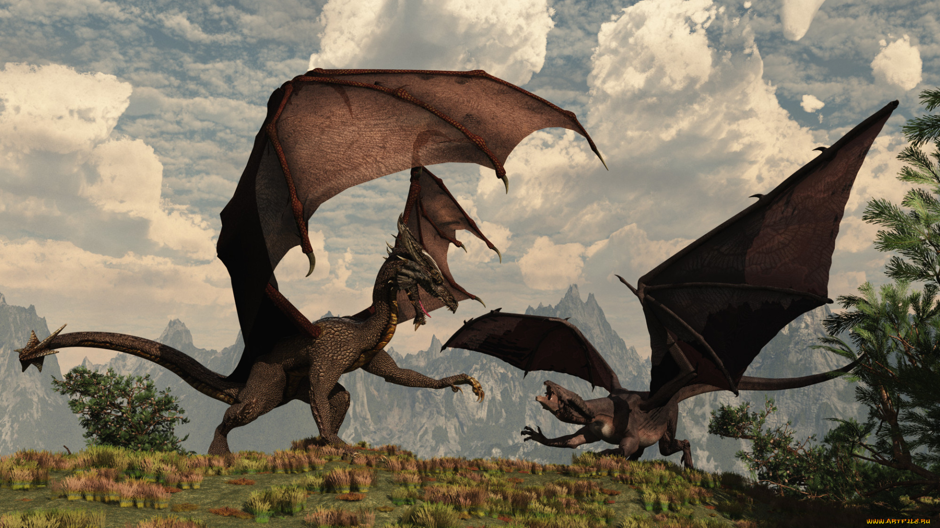 3д, графика, существа, , creatures, драконы, горы, облака