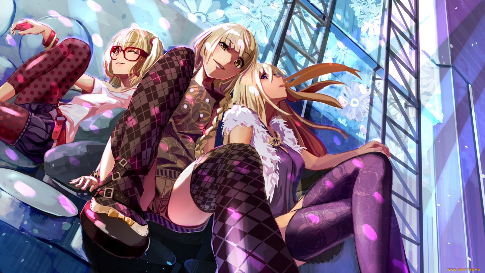 аниме, touhou, украшения, ремень, одежда, чулки, очки, девушки, цветы, узор, стена, блики, flandre, scarlet, yakumo, yukari, kirisame, marisa