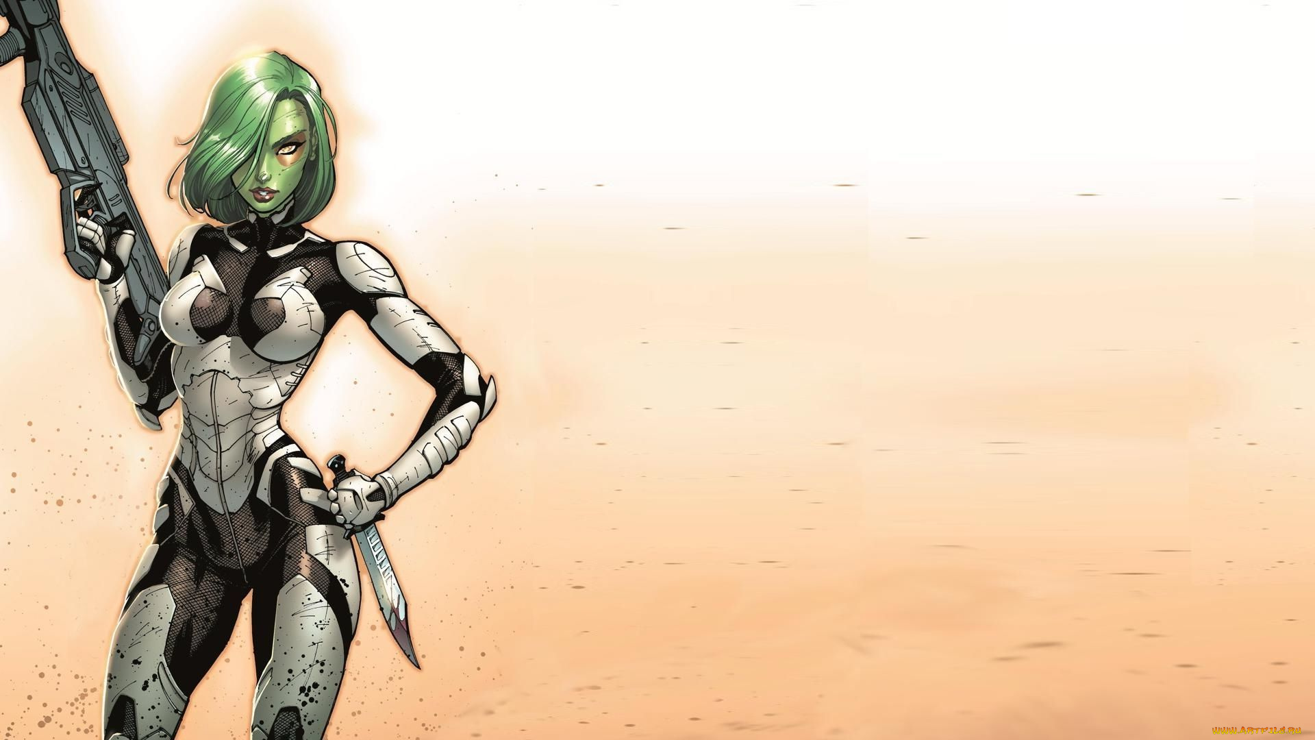 рисованное, комиксы, оружие, gamora, фон