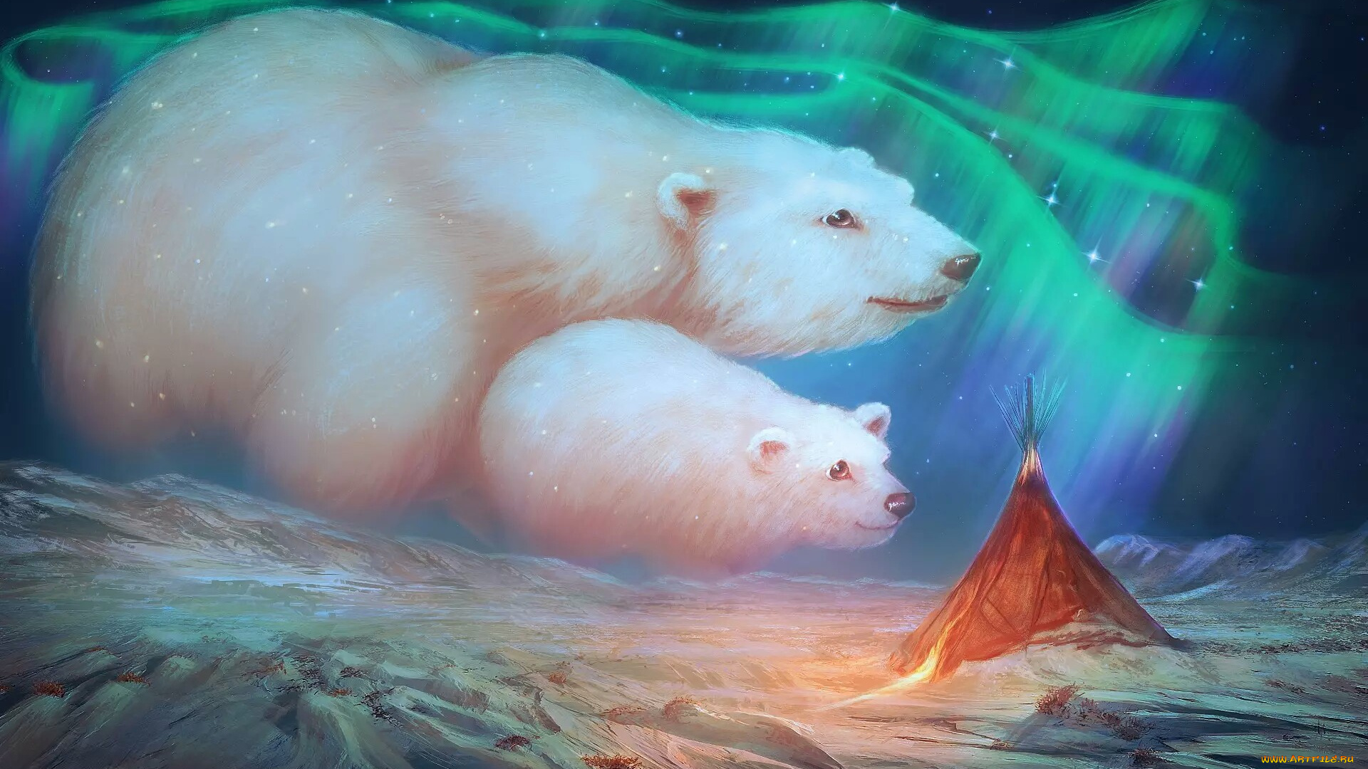 рисованное, животные, , медведи, marilucia, медведи, снег, горы, северное, сияние