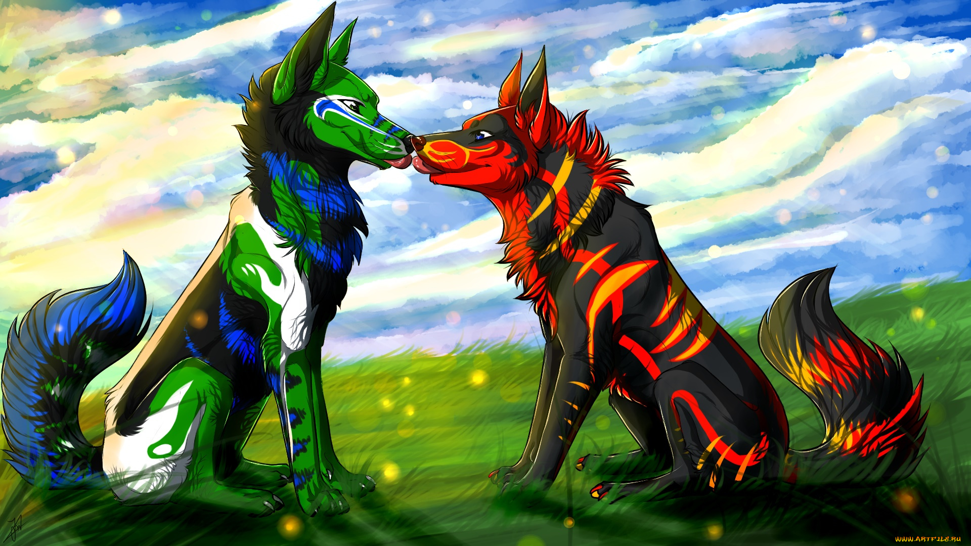 рисованное, животные, , сказочные, , мифические, собаки, взгляд, фон