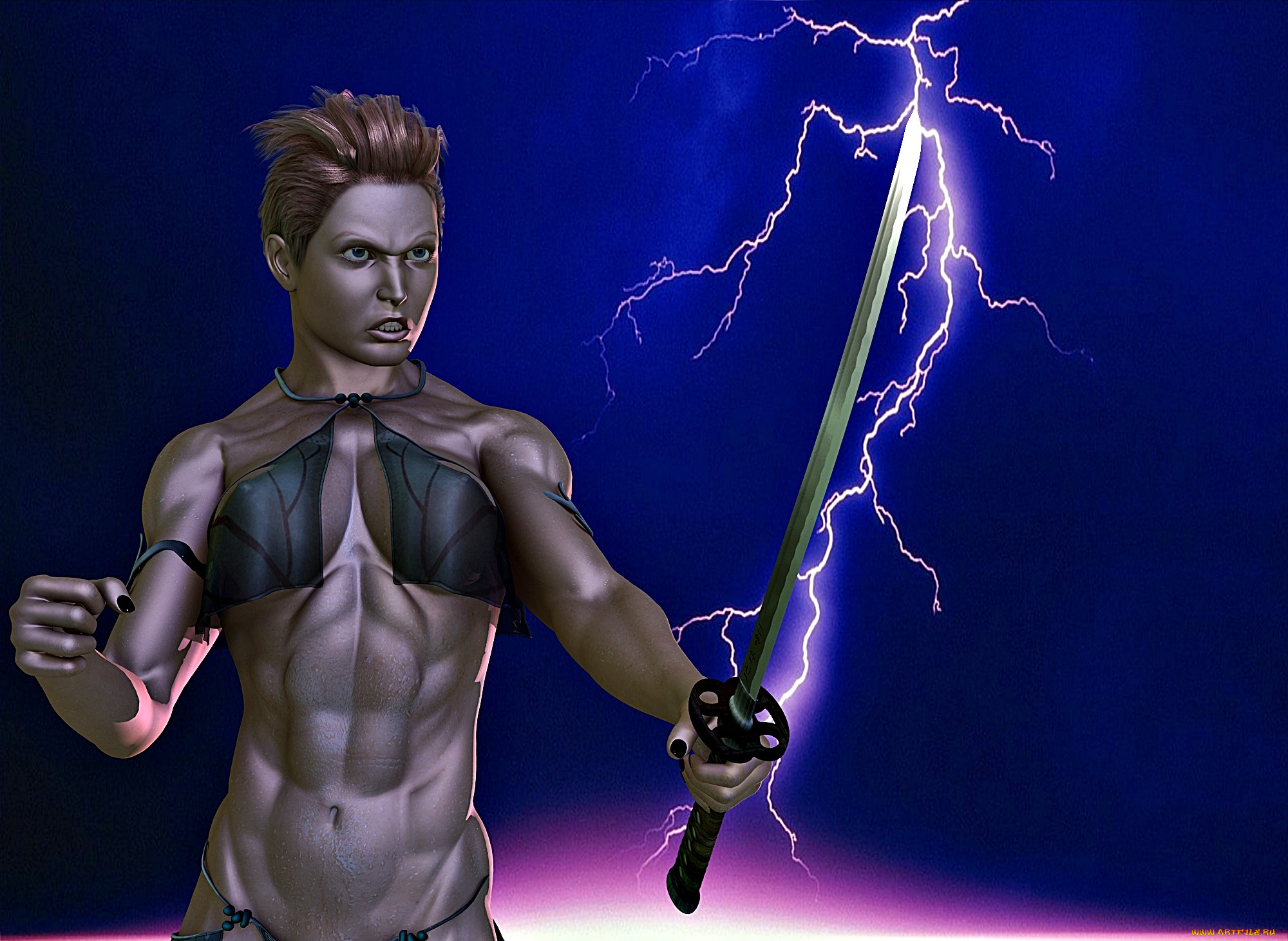 3д, графика, фантазия, , fantasy, девушка, взгляд, фон, меч, молния