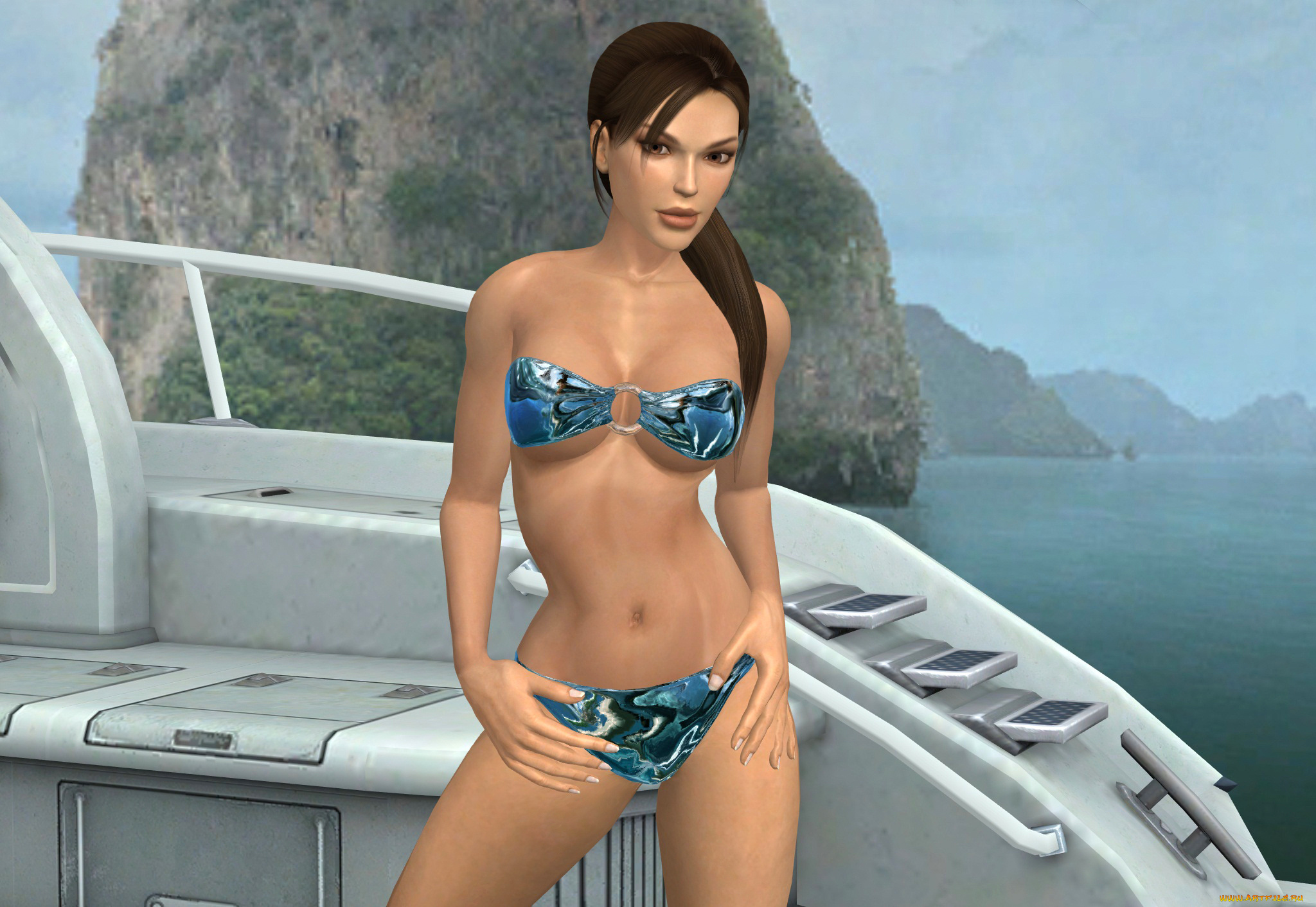 3д, графика, люди, , people, девушка, взгляд, фон, яхта, море, скалы, бикини