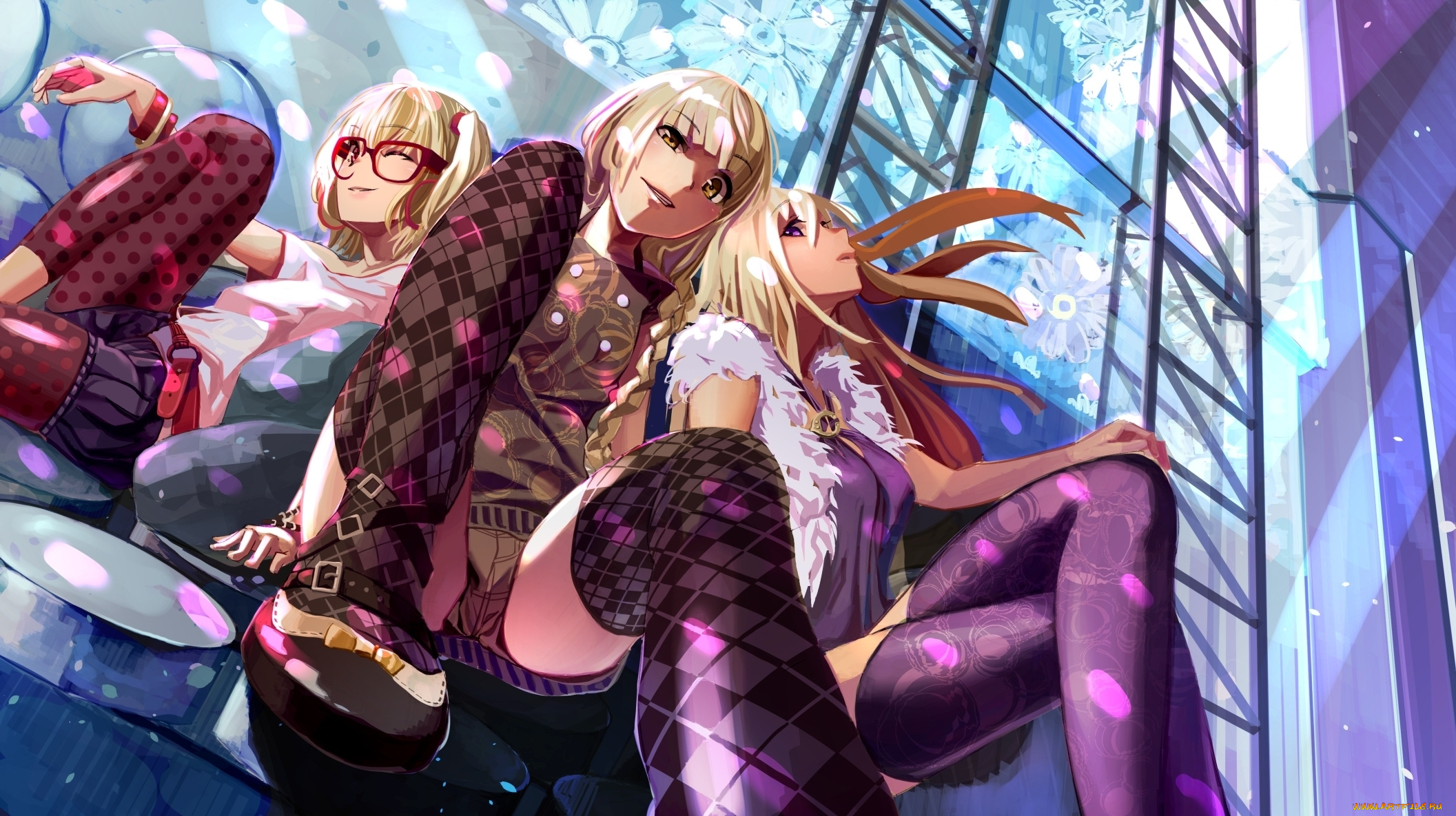 аниме, touhou, украшения, ремень, одежда, чулки, очки, девушки, цветы, узор, стена, блики, flandre, scarlet, yakumo, yukari, kirisame, marisa