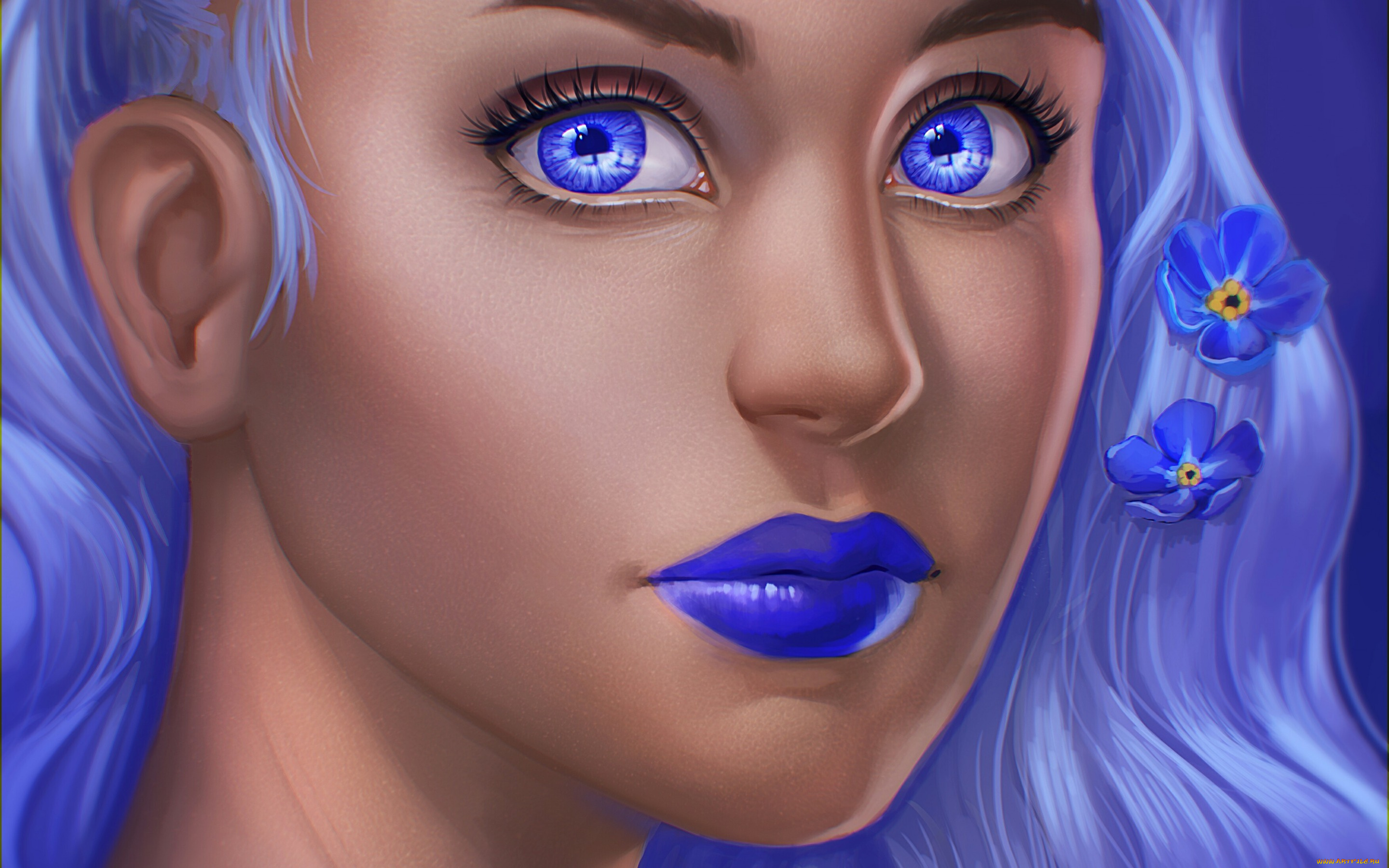 рисованное, люди, junejenssen, девушка, лицо, взгляд, глаза, цветы