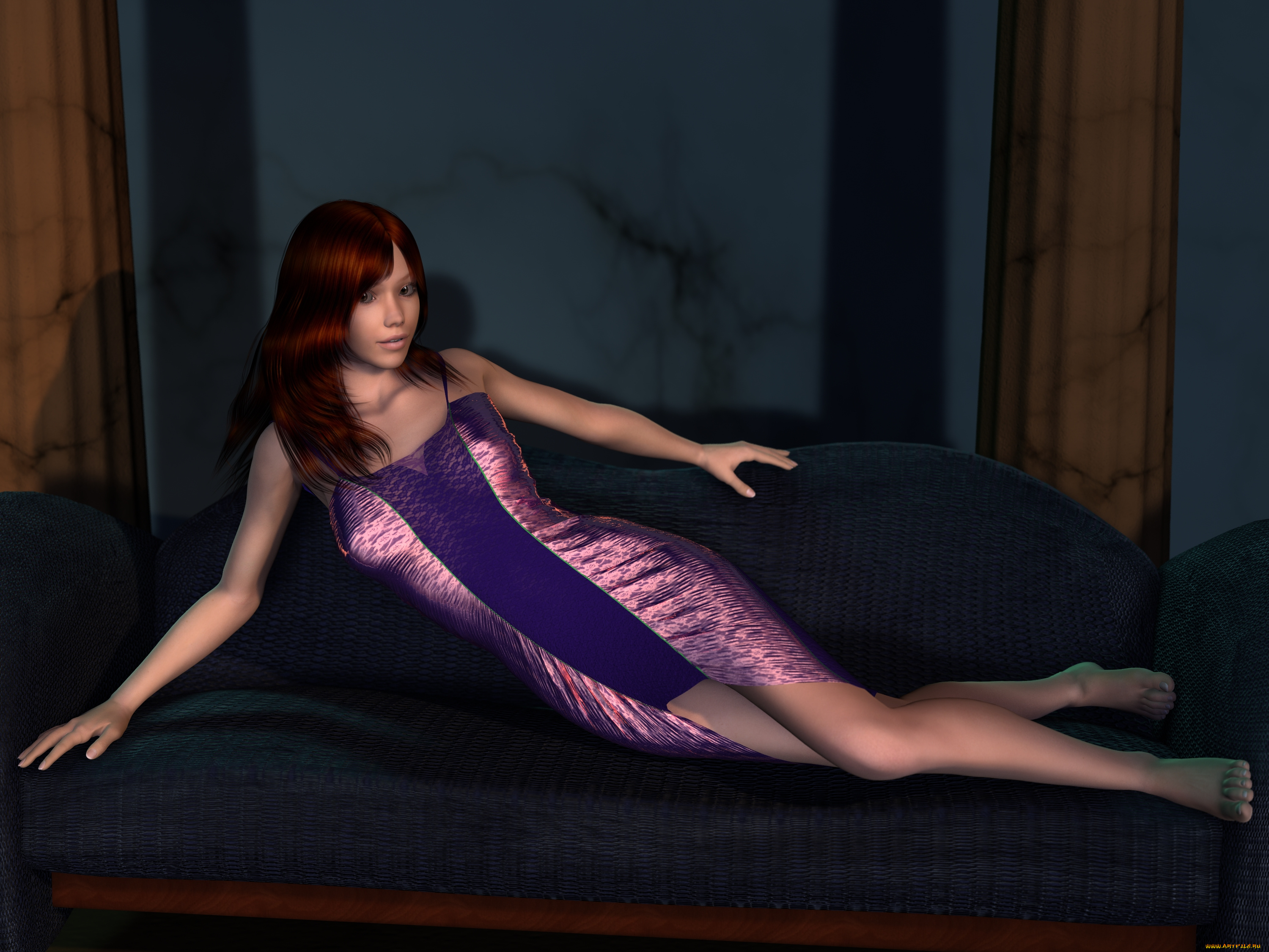 3д, графика, люди, , people, девушка, взгляд, фон, рыжая, диван