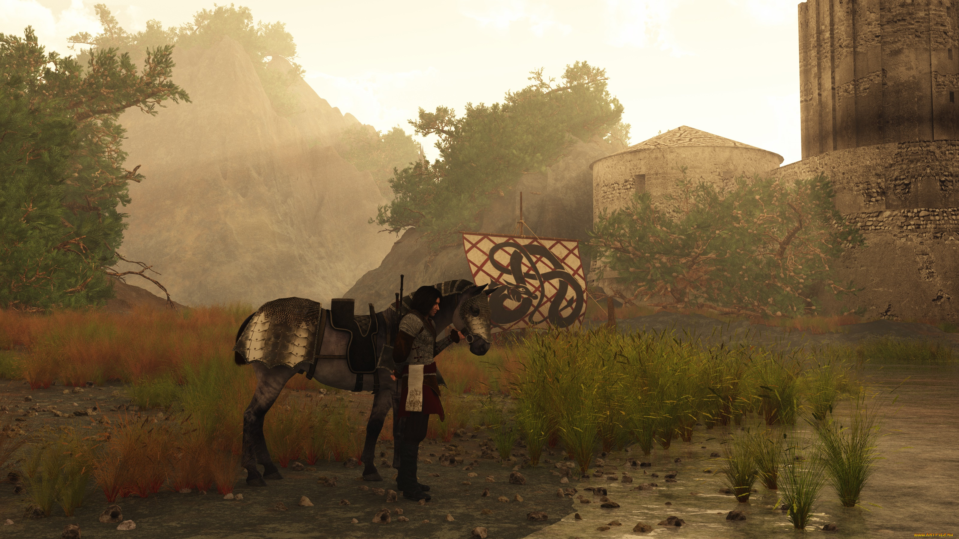 3д, графика, фантазия, , fantasy, крепость, горы, лошадь, воин, фон, взгляд, мужчина