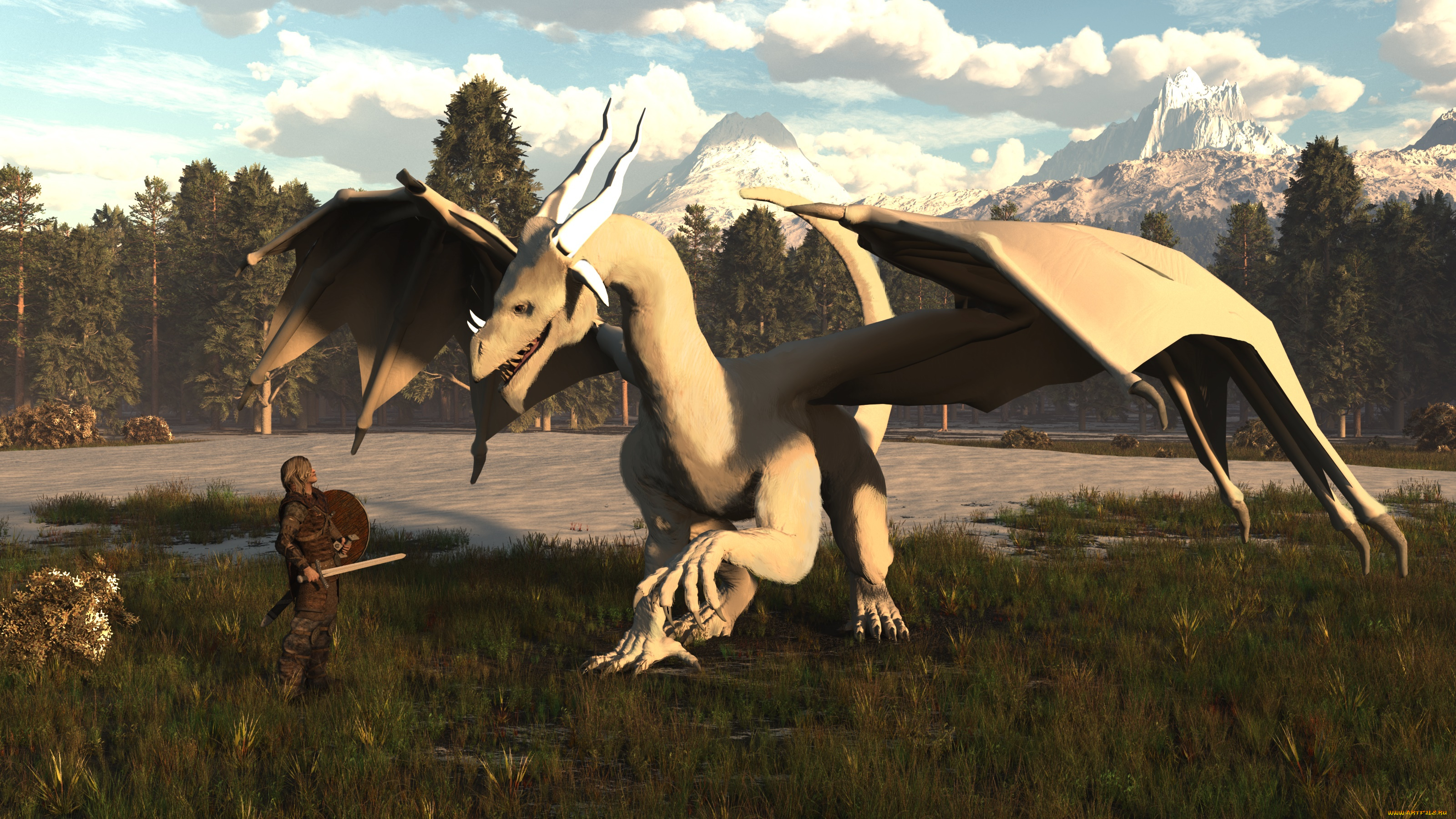 3д, графика, фантазия, , fantasy, мужчина, взгляд, фон, оружие, воин, дракон, горы, лес