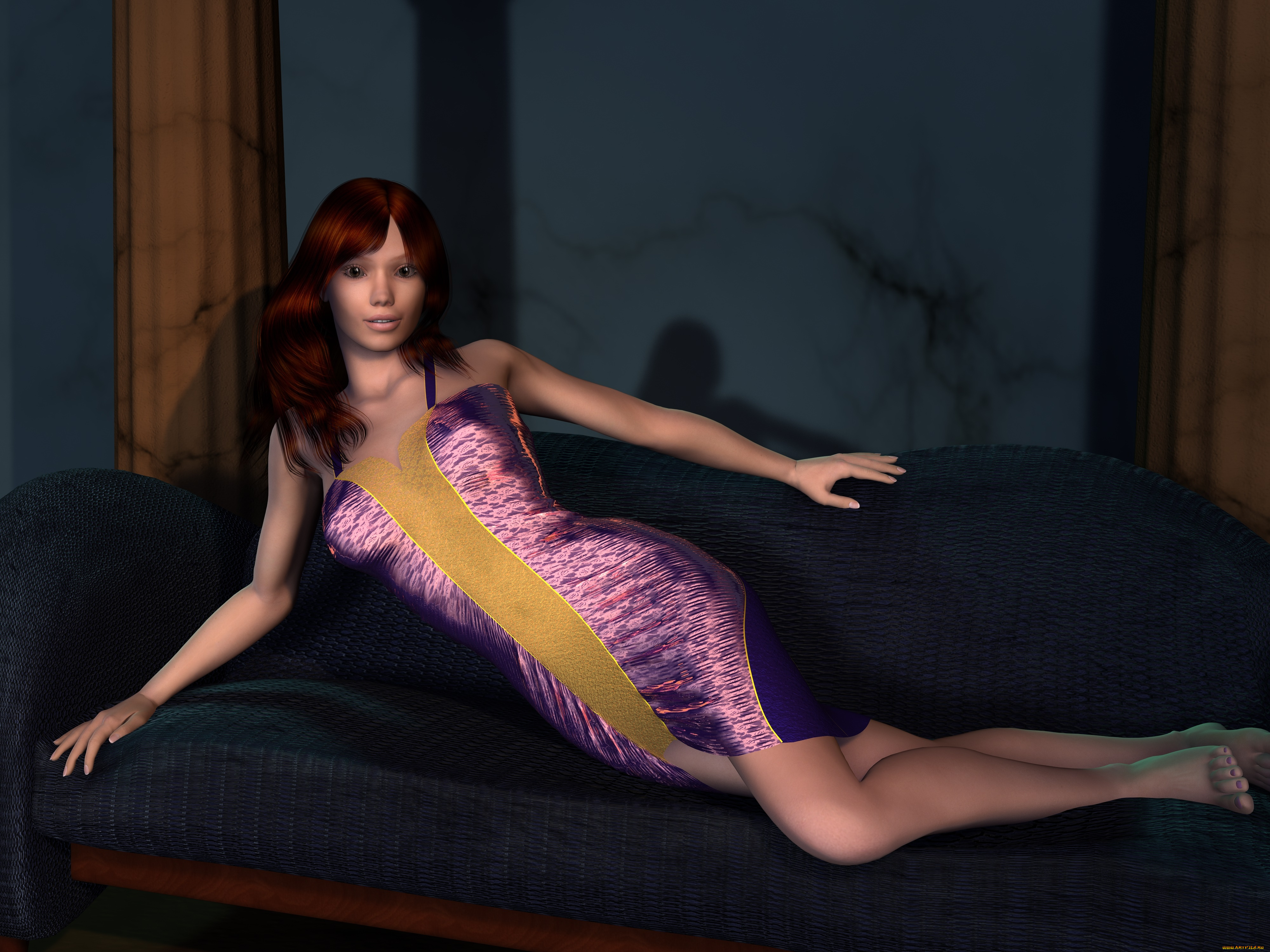 3д, графика, люди, , people, девушка, взгляд, фон, рыжая, диван