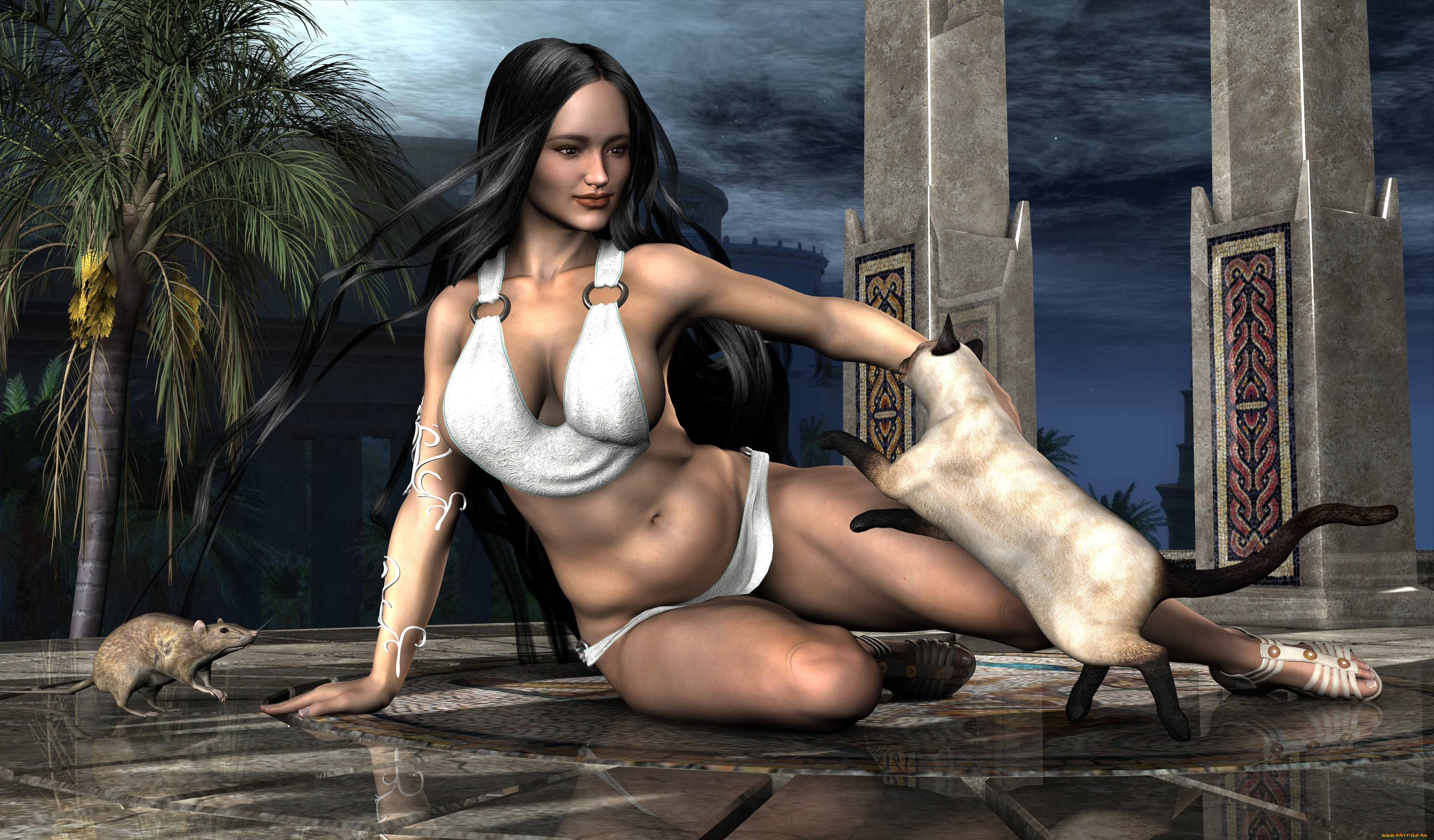 3д, графика, люди, , people, девушка, взгляд, фон, кот, пальма, крыса