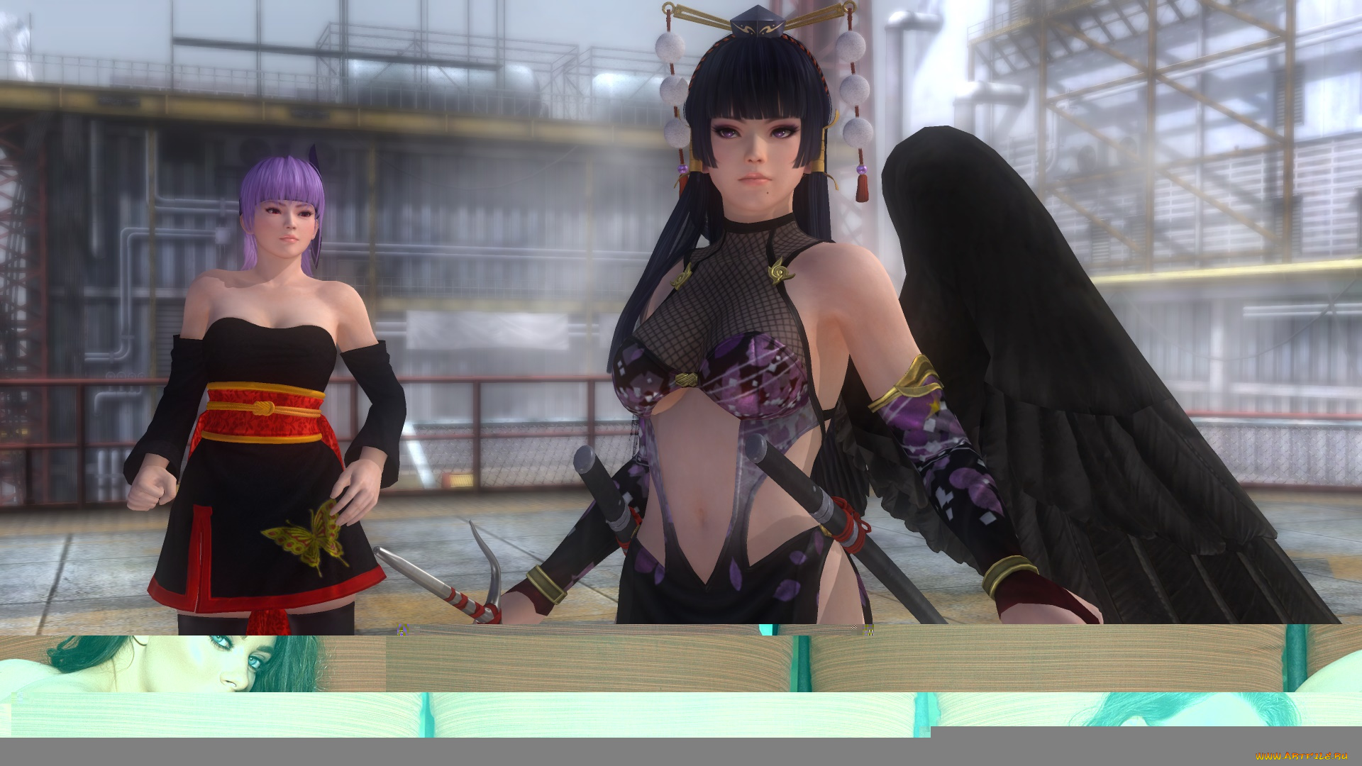 ayane, and, nyotengu, black, ninja, 3д, графика, аниме, , anime, девушки, поза, фон, взгляд