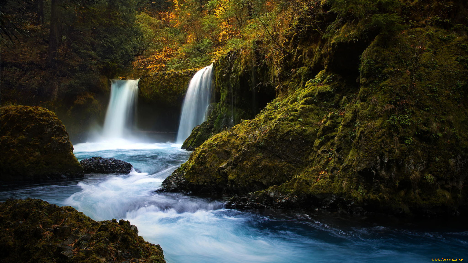 природа, водопады, водопад, лес, река, мох, камни