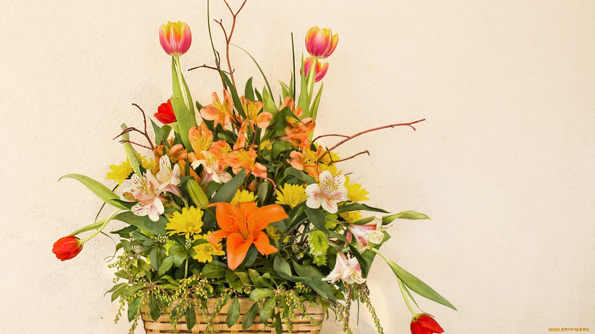 цветы, букеты, , композиции, разноцветные, корзина