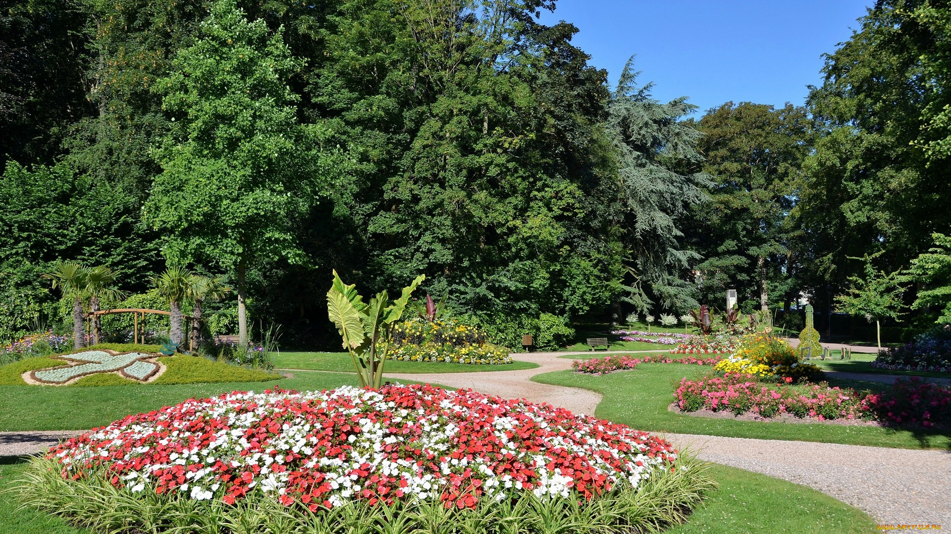 франция, природа, парк, газон, цветы, дорожка, деревья
