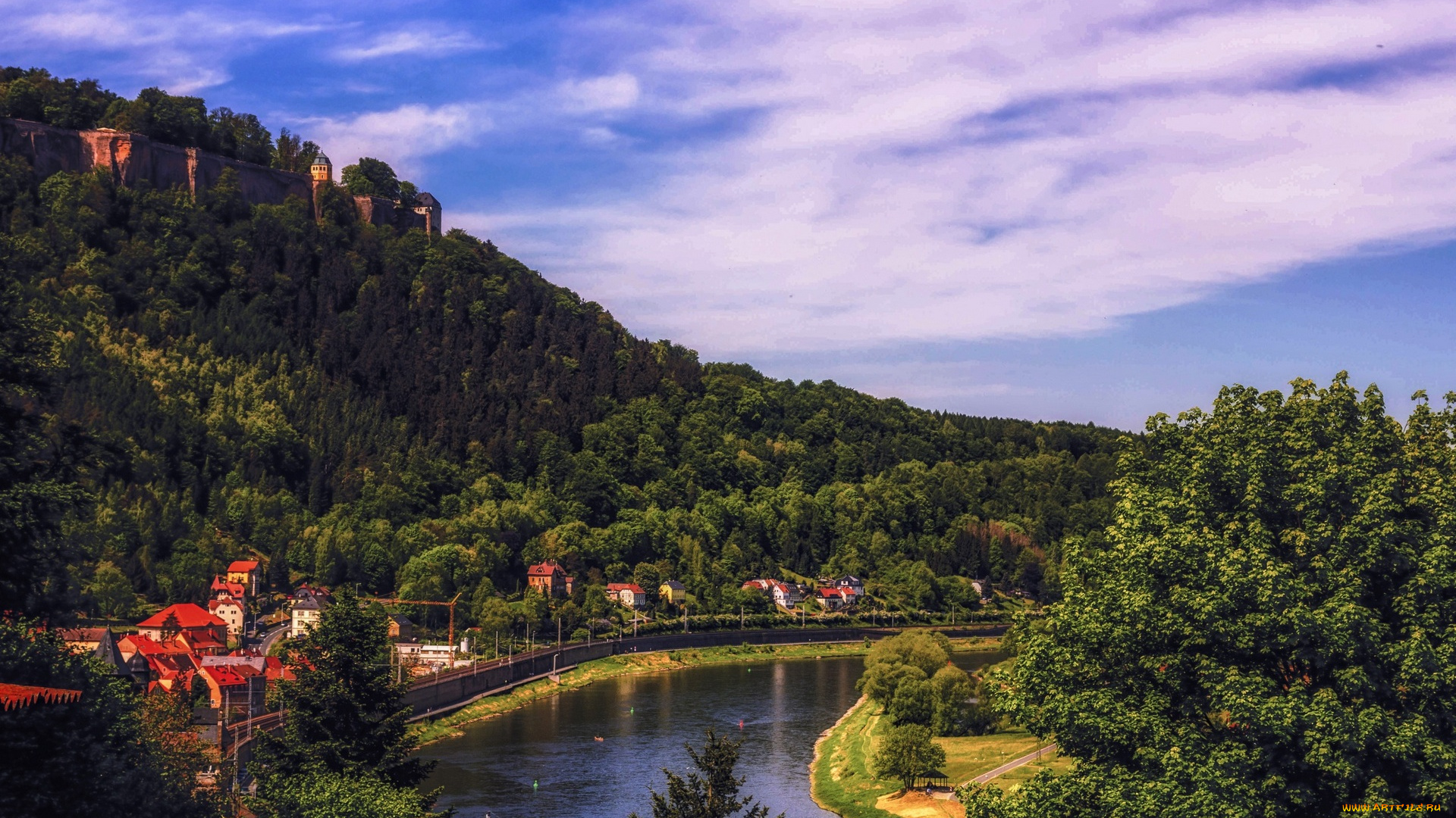 германия, города, -, пейзажи, водоем, дома, холм, деревья