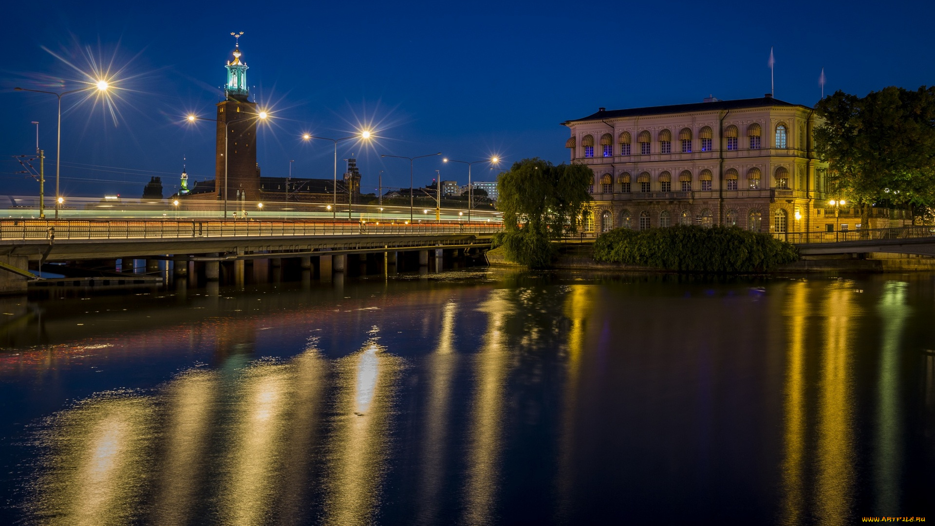 города, -, огни, ночного, города, ночь, деревья, огни, здание, водоем, мост