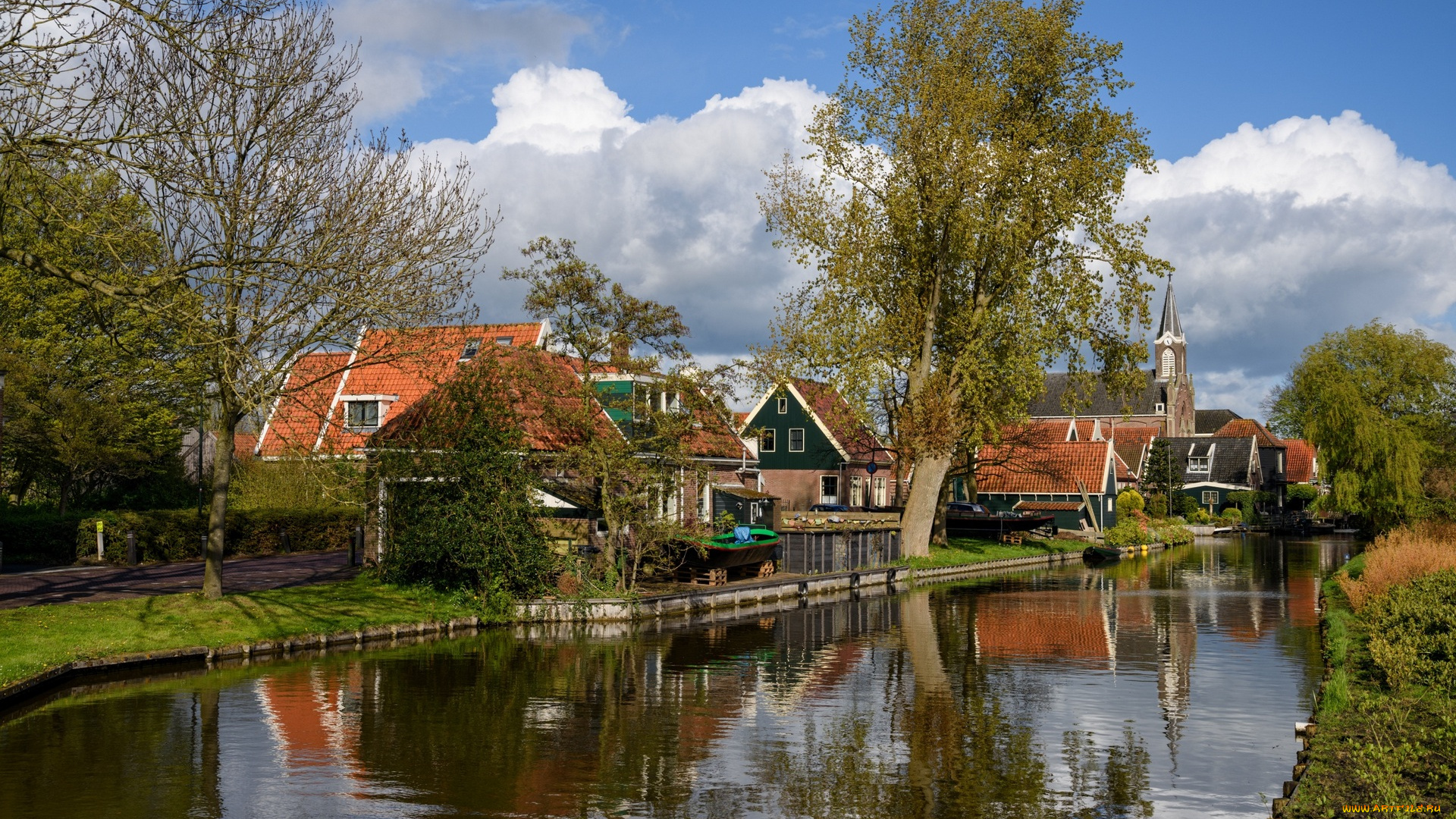 города, -, пейзажи, облака, дома, деревья, водоем