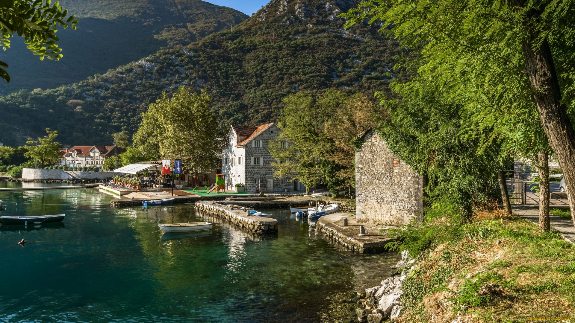 города, -, пейзажи, здания, деревья, лодки, водоем, холмы