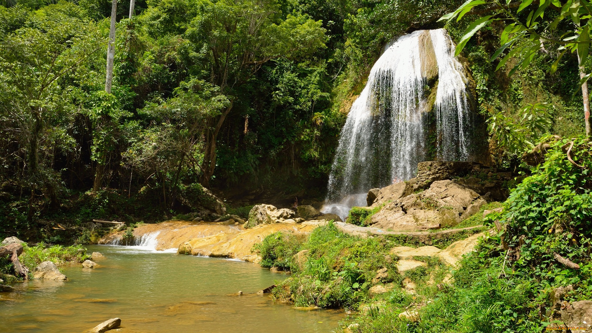 куба, природа, водопады, деревья, камни, трава, водоем