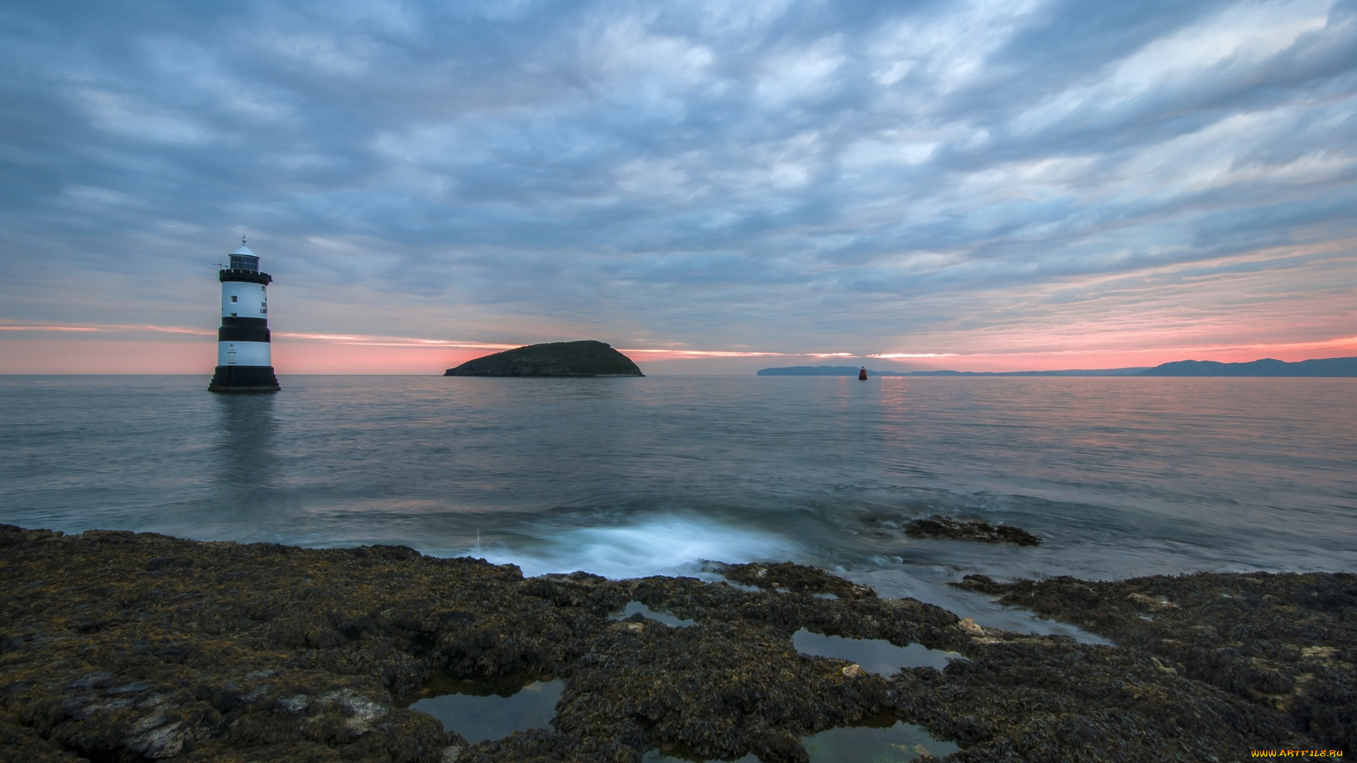 природа, маяки, водоем, остров, облака