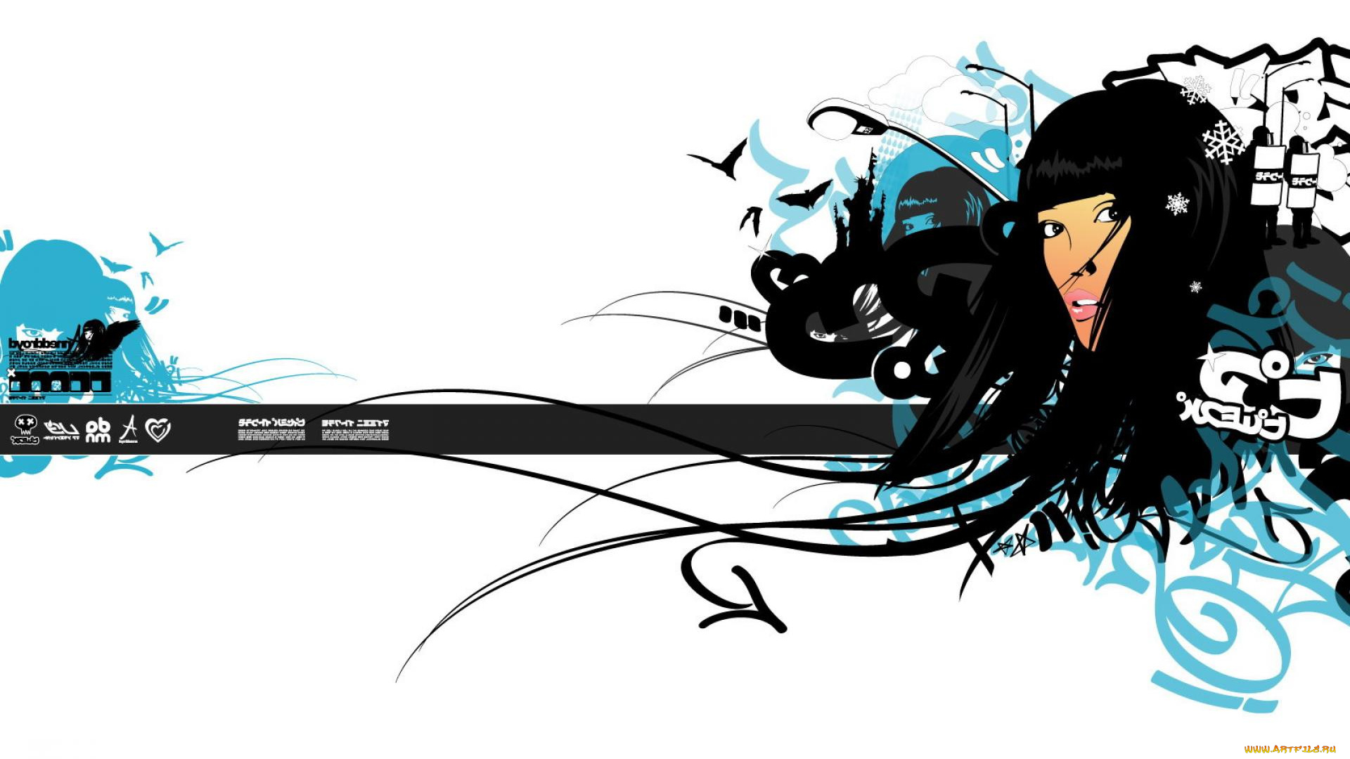 векторная, графика, девушки, , girls, лицо, девушка, брюнетка, птицы, фонарь