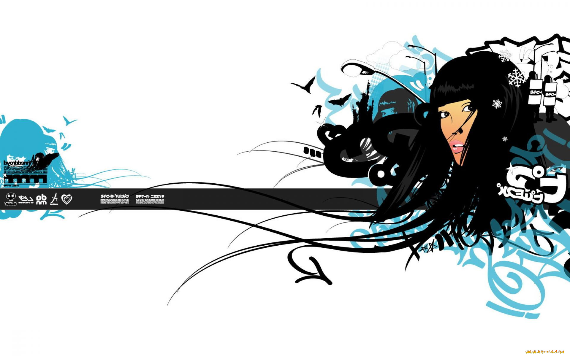 векторная, графика, девушки, , girls, лицо, девушка, брюнетка, птицы, фонарь