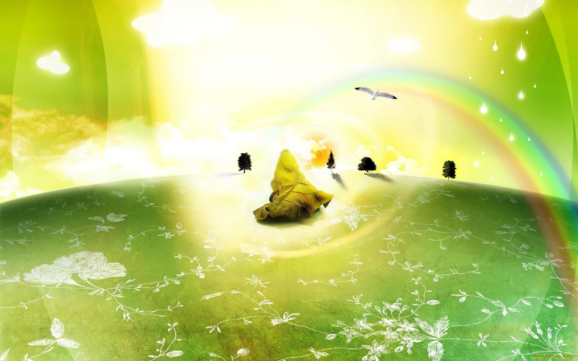 векторная, графика, природа, , nature, лист, поляна, птица, деревья, радуга