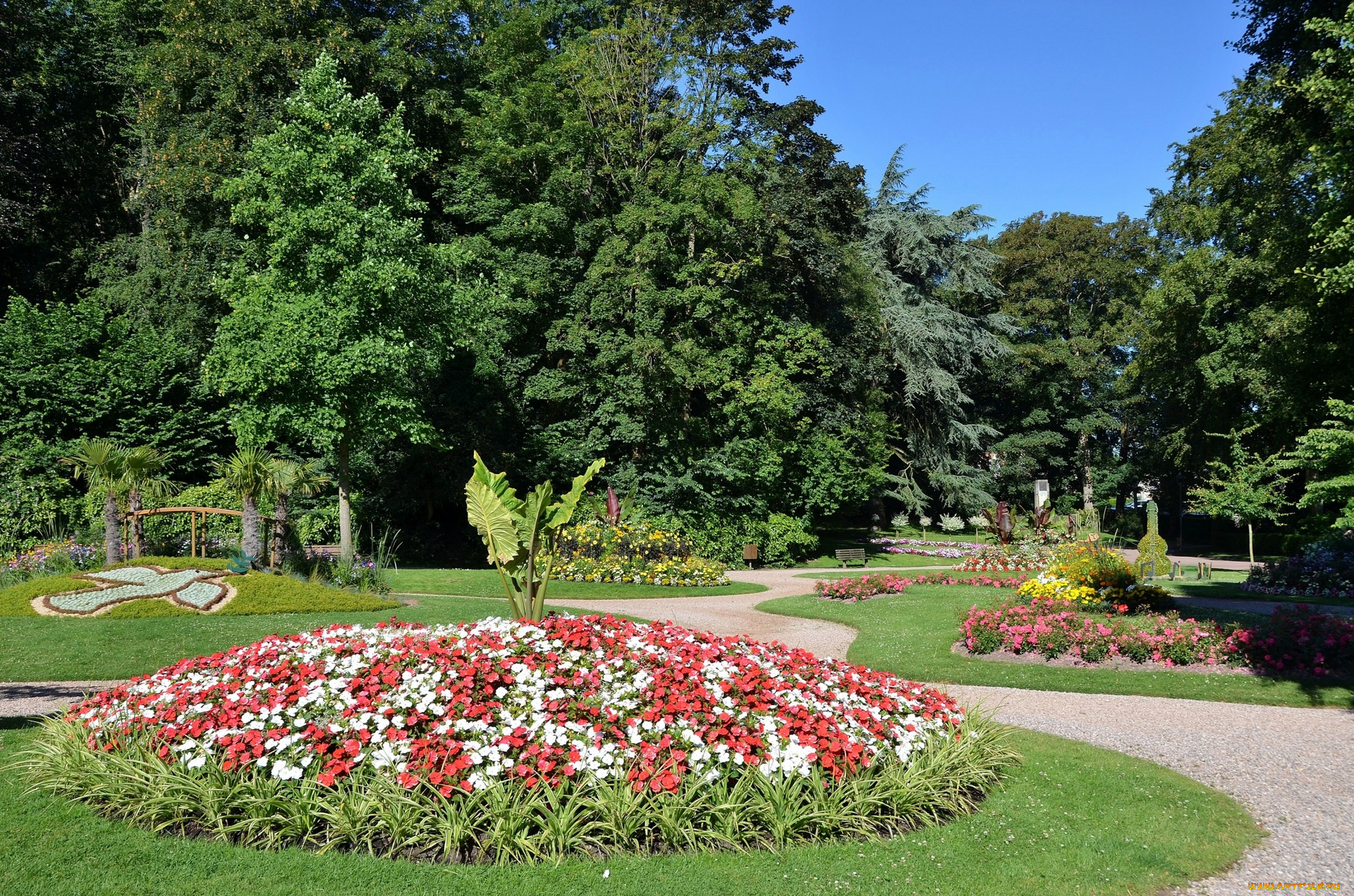 франция, природа, парк, газон, цветы, дорожка, деревья