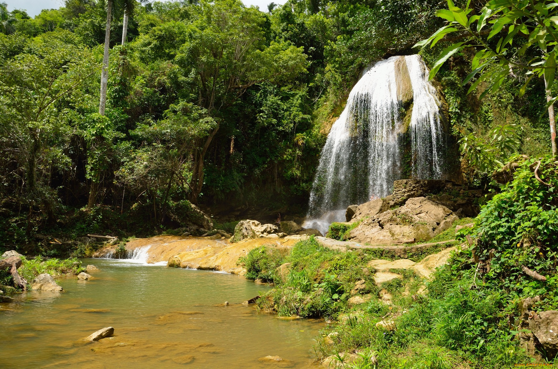 куба, природа, водопады, деревья, камни, трава, водоем