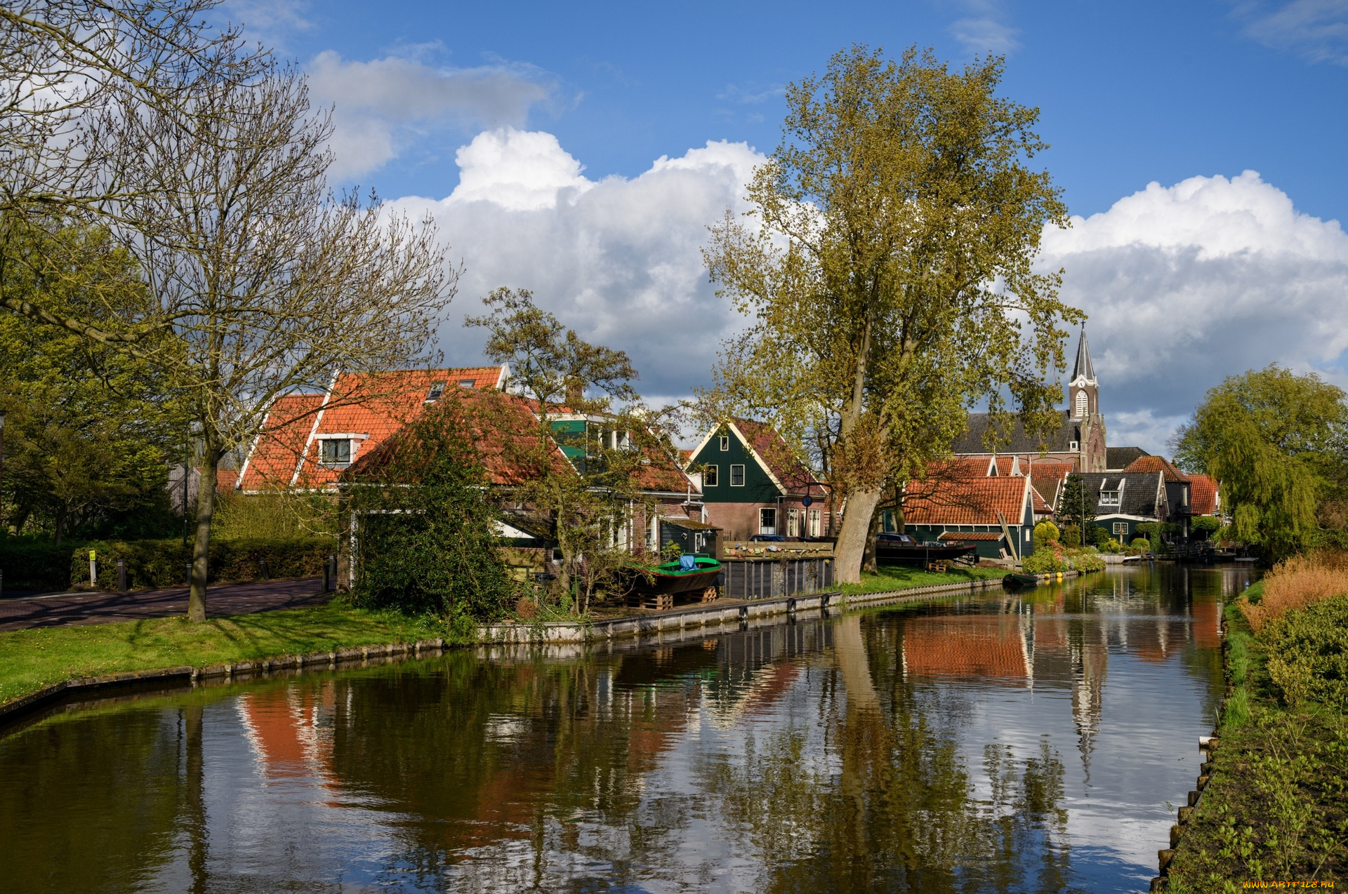 города, -, пейзажи, облака, дома, деревья, водоем