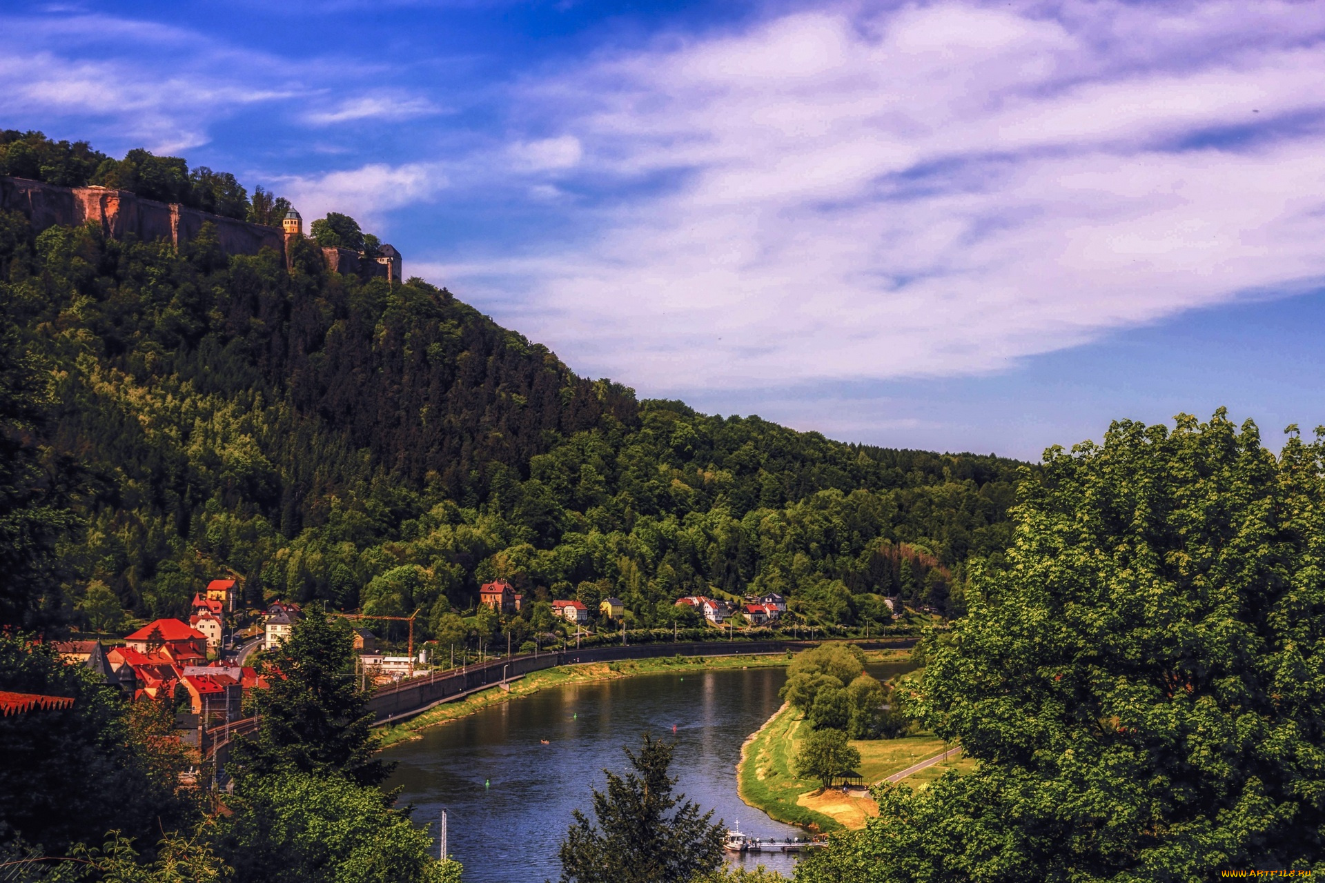 германия, города, -, пейзажи, водоем, дома, холм, деревья