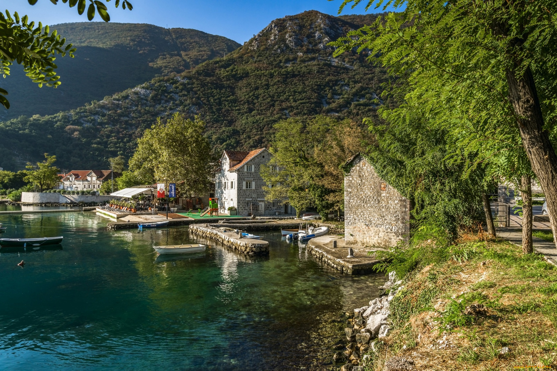 города, -, пейзажи, здания, деревья, лодки, водоем, холмы