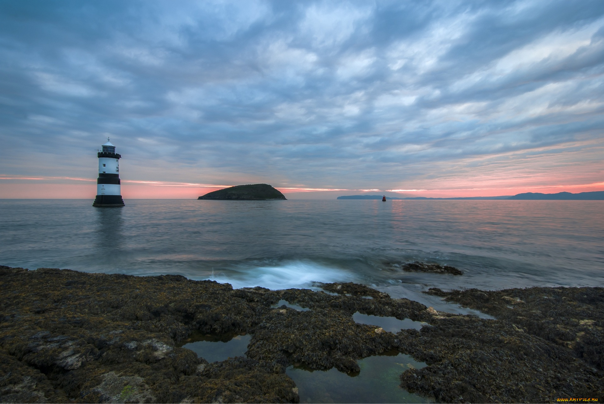 природа, маяки, водоем, остров, облака