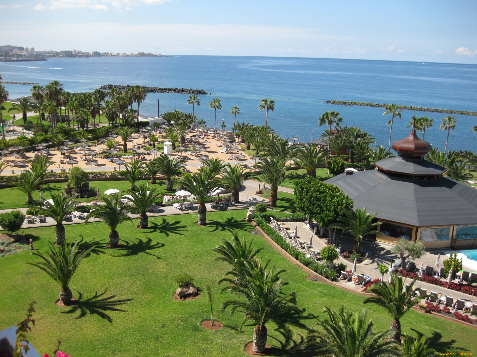 испания, природа, побережье, шезлонги, газон, пальмы, постройка, море