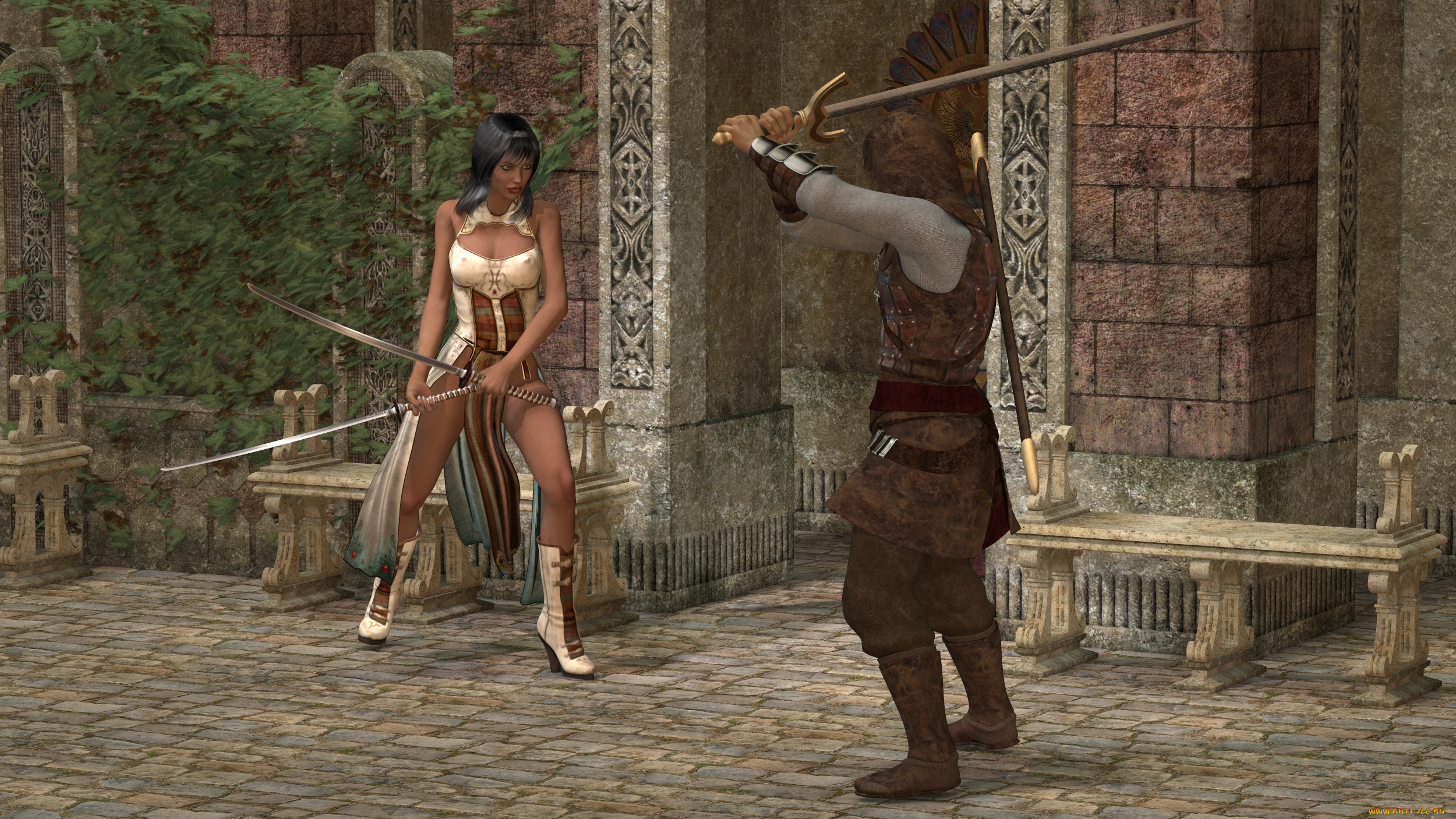 3д, графика, фантазия, , fantasy, оружие, фон, девушка, взгляд