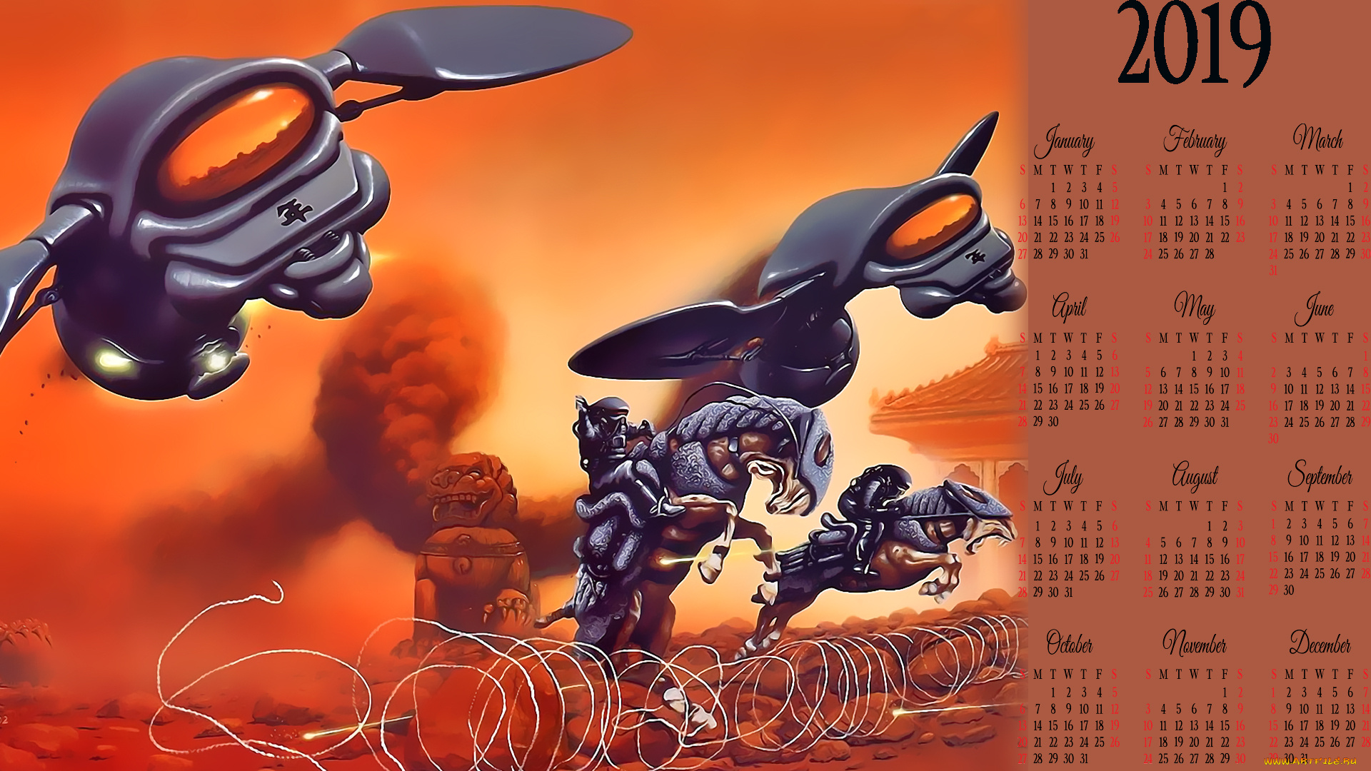 календари, фэнтези, 2019, calendar, летает, аппарат, существо